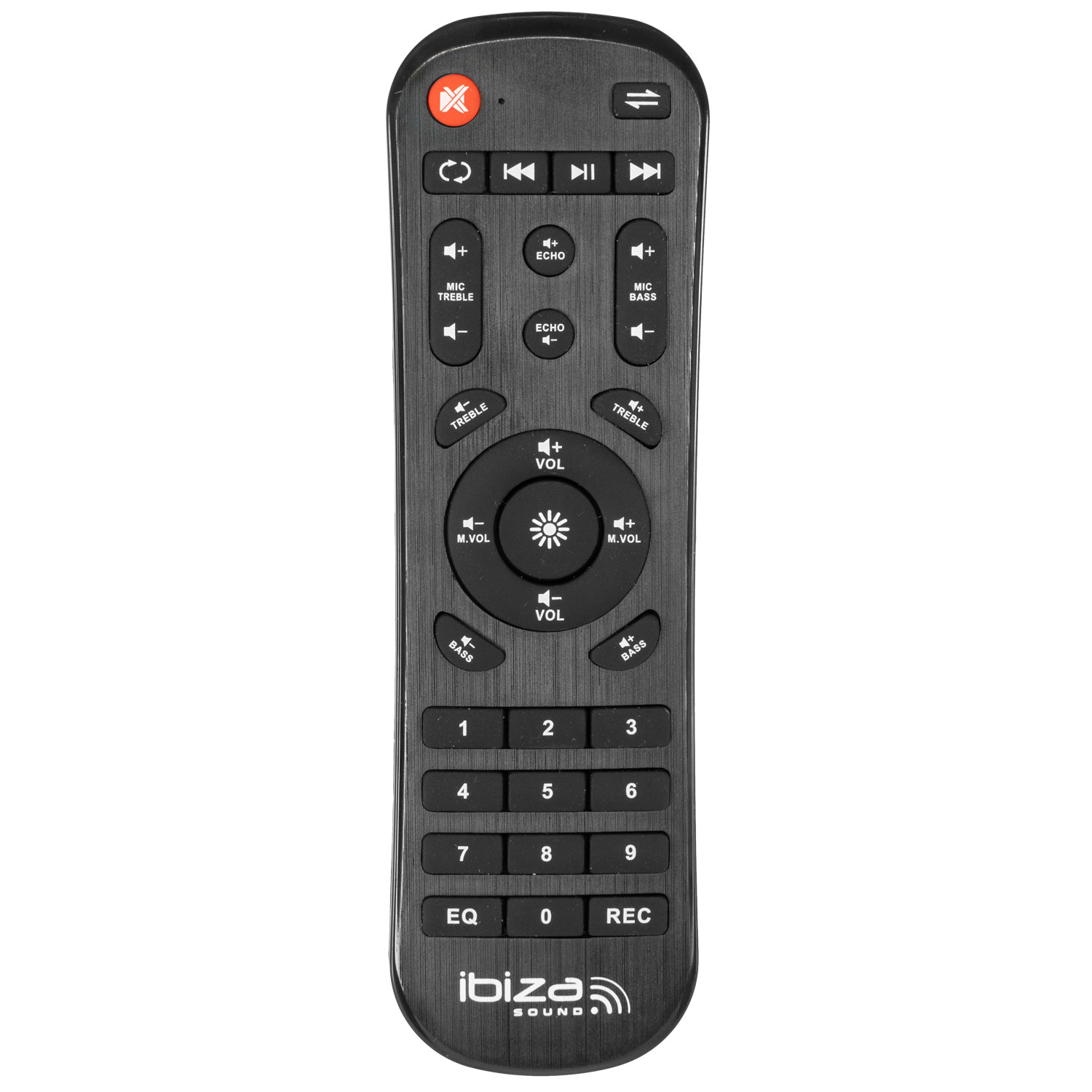 Telecomando Ibiza Sound nero con pulsanti per volume, bassi, eco e inserimento numeri.