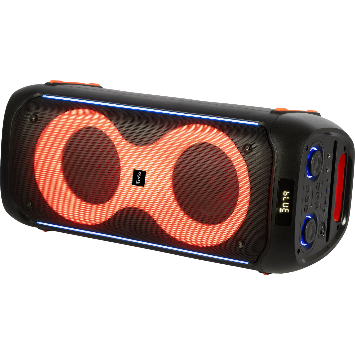 Altoparlante Bluetooth nero con accenti arancioni e cerchi illuminati.