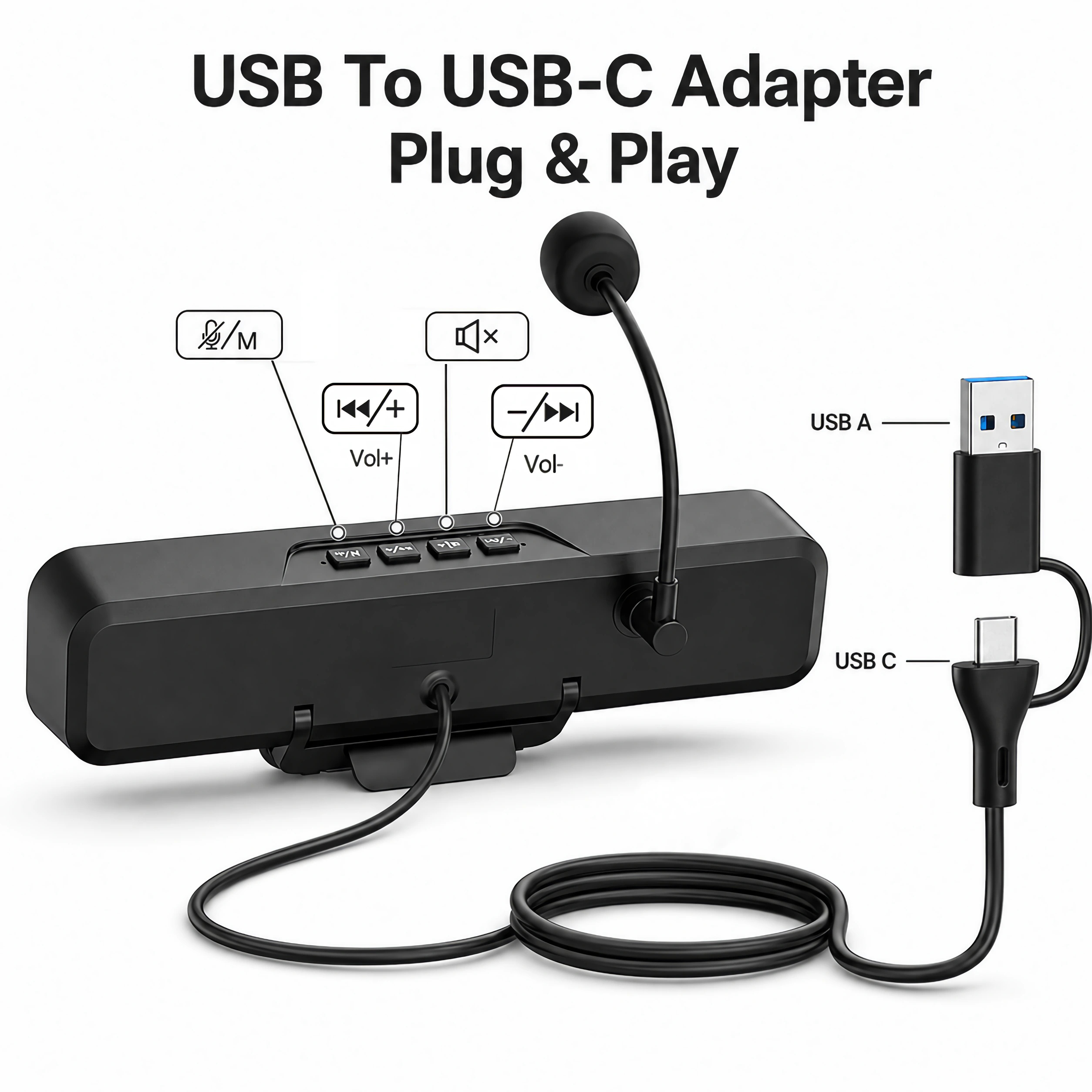 Schwarzer USB-zu-USB-C-Adapter mit Kabeln und einem Mikrofon.