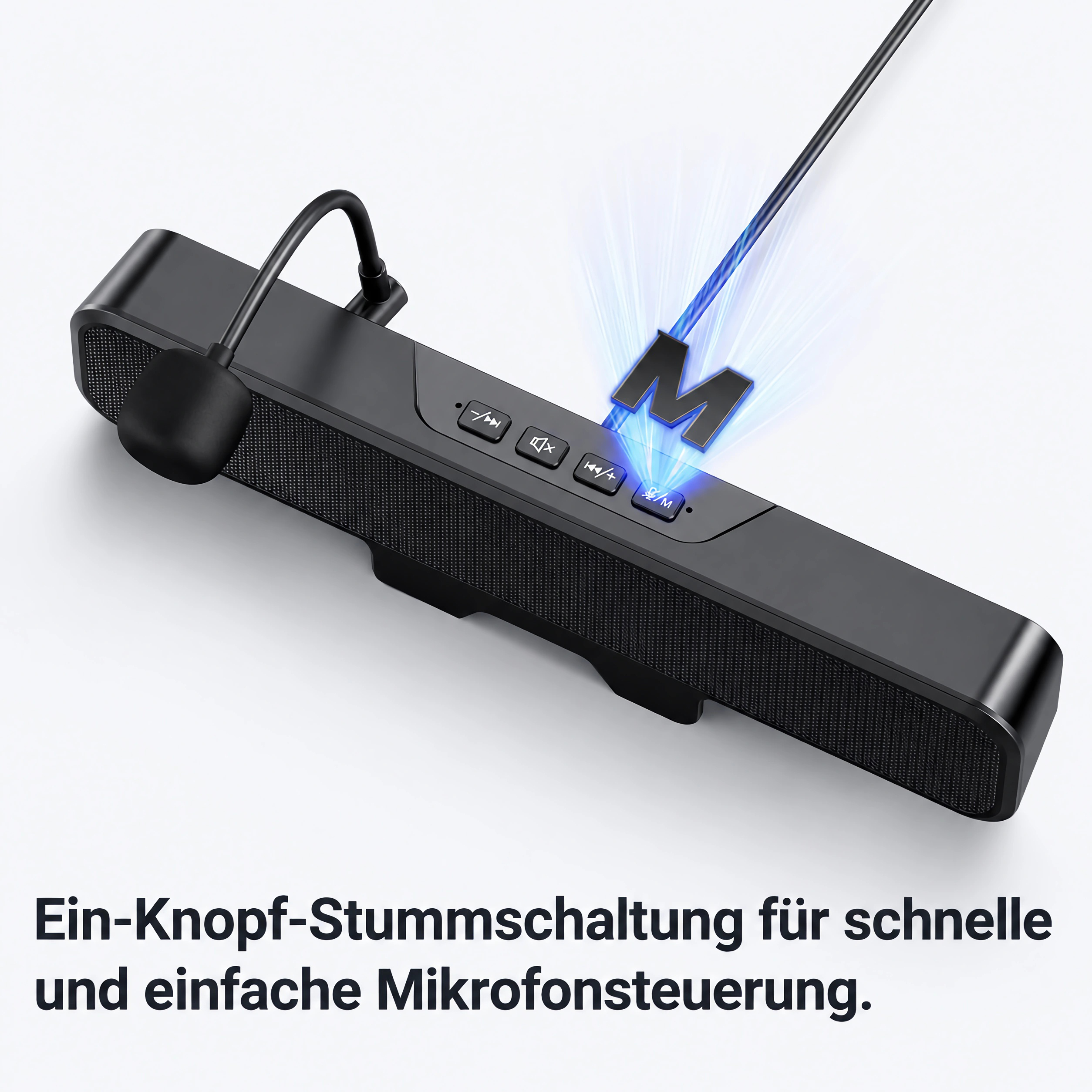 Schwarzer Lautsprecher mit Mikrofon und M-Symbol.