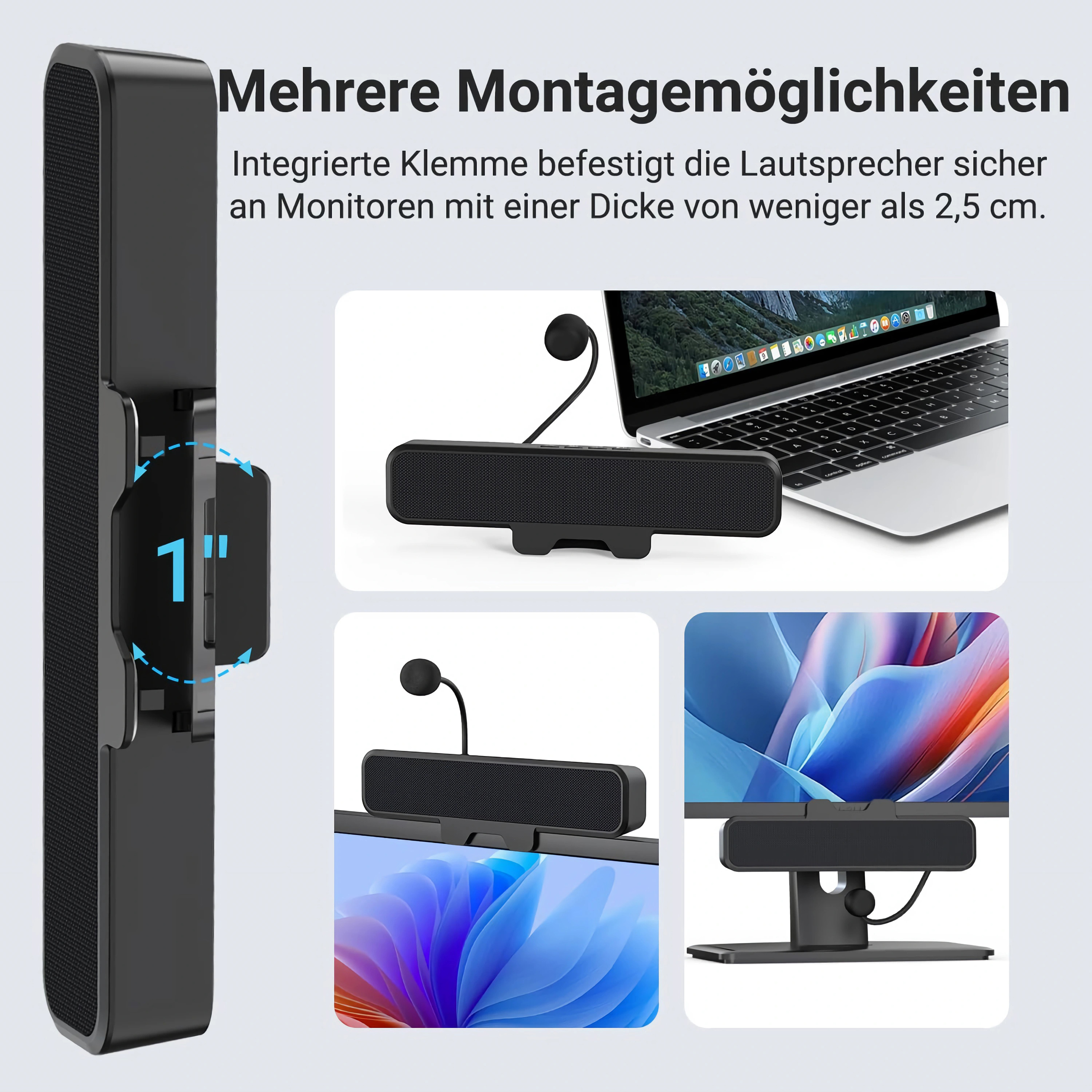 Ein schwarzer Lautsprecher wird an einem Monitor befestigt.