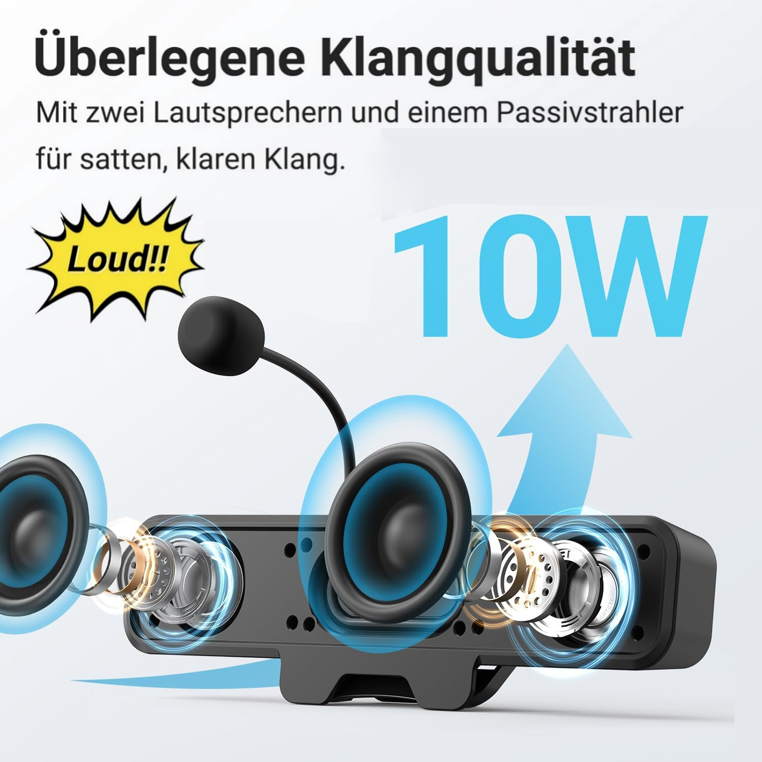 Schwarzer Lautsprecher mit 10W Leistung, zwei Treibern und Passivstrahler.