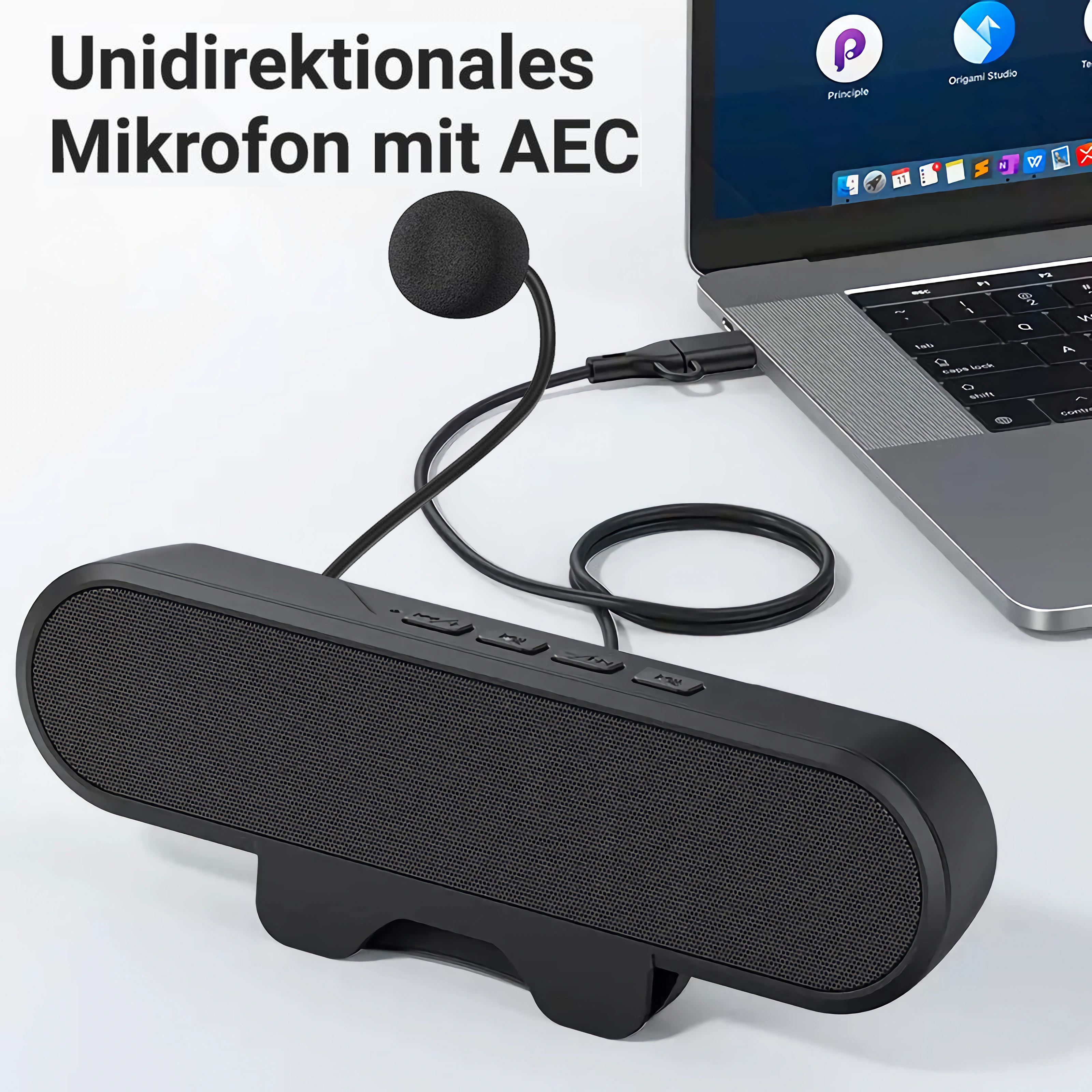 Schwarzes Mikrofon mit Lautsprecher und Kabel, verbunden mit einem Laptop.