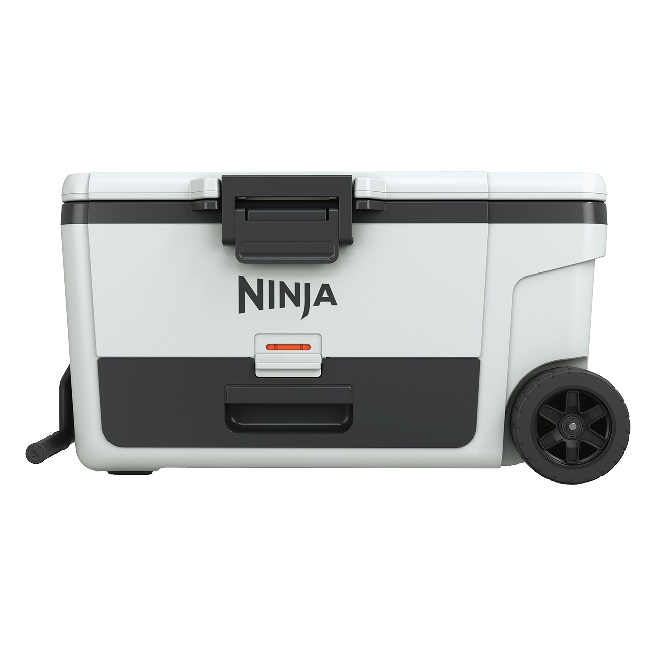 Ein weißer und schwarzer Ninja-Kühler mit Rädern und Griff.