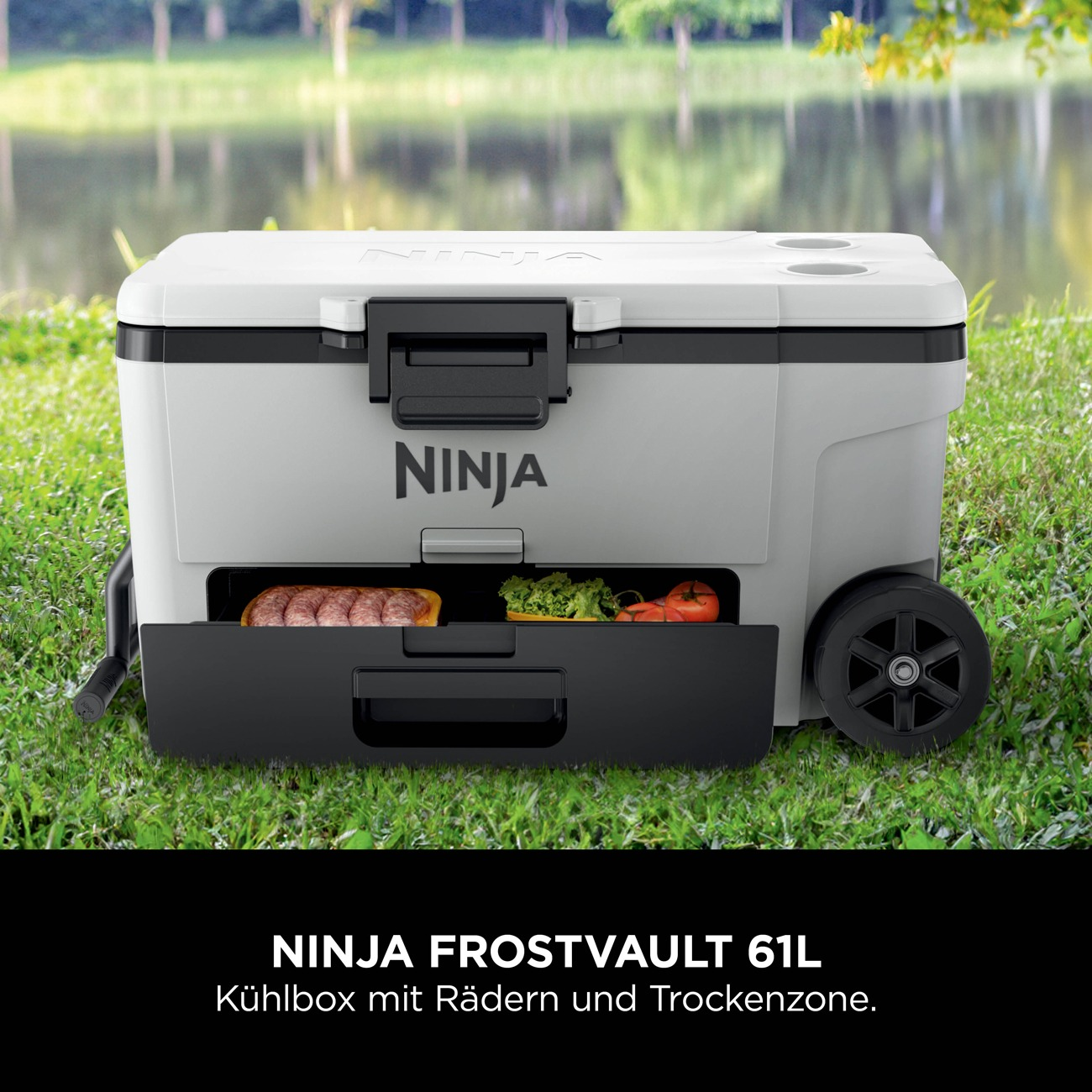 Ein grauer Ninja-Kühler mit Ausziehschublade und Lebensmitteln steht auf Gras.