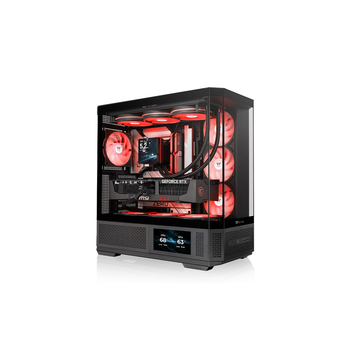 Ein schwarzes PC-Gehäuse mit roten Lüftern und einer GeForce RTX-Grafikkarte.
