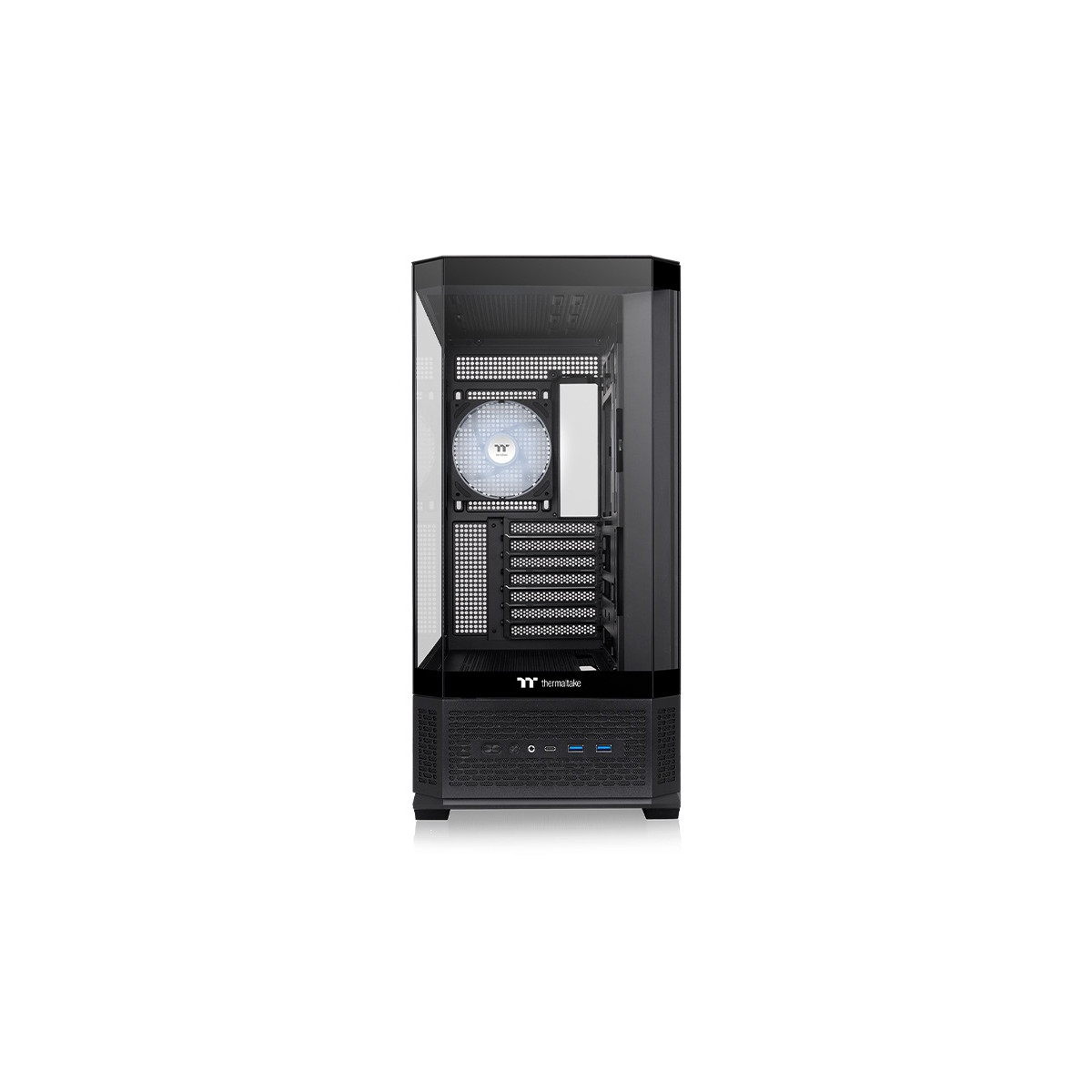 Ein schwarzes PC-Gehäuse mit Glasfront, Lüfter und Anschlüssen.