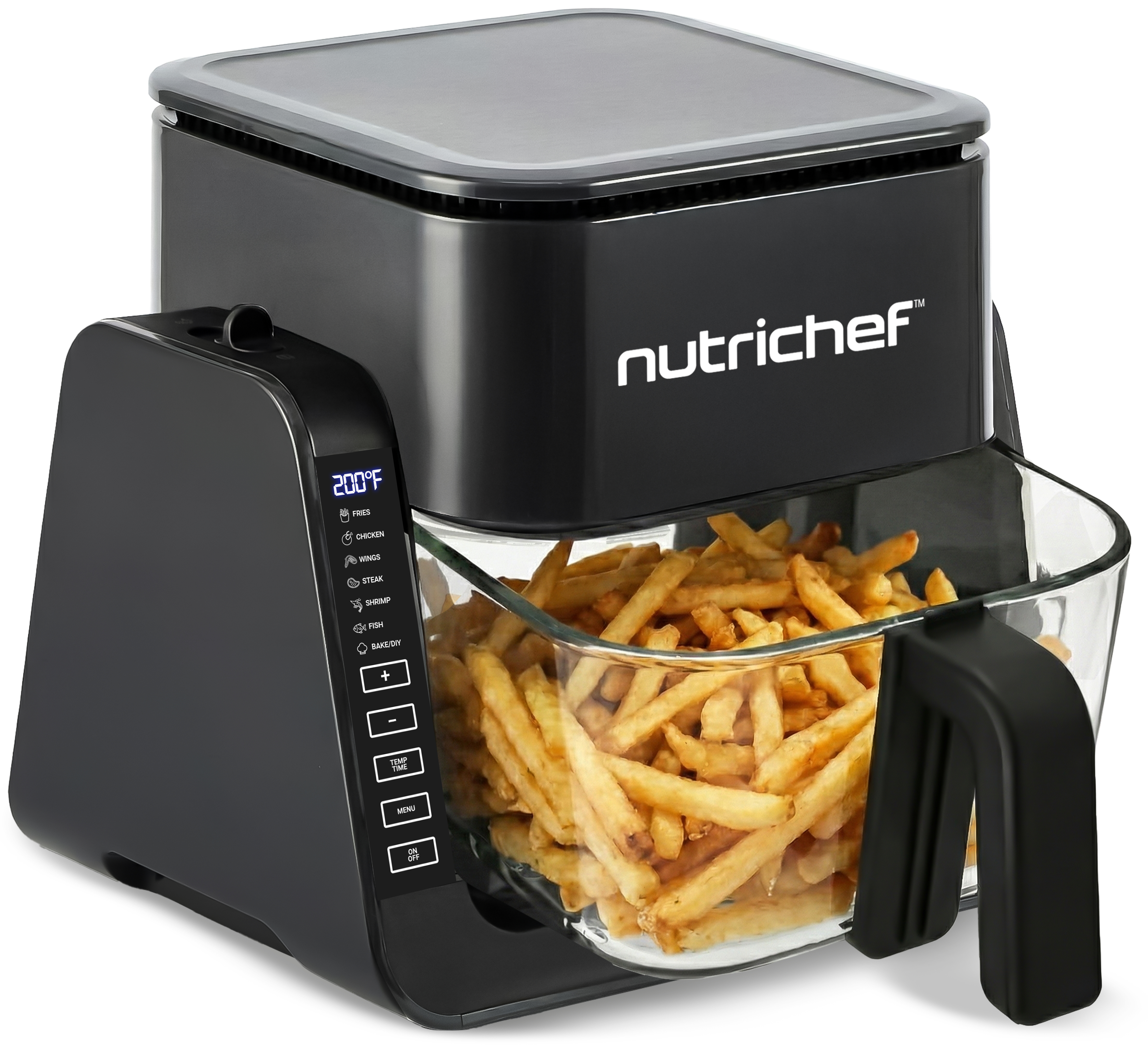 Cucina friggitrice ad aria nera con cestello in vetro pieno di patatine.