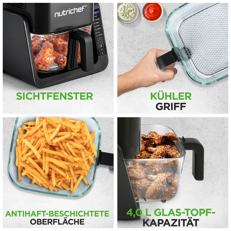 Quattro immagini: Friggitrice ad aria con pollo, mano sulla maniglia, patatine e pollo in contenitore.