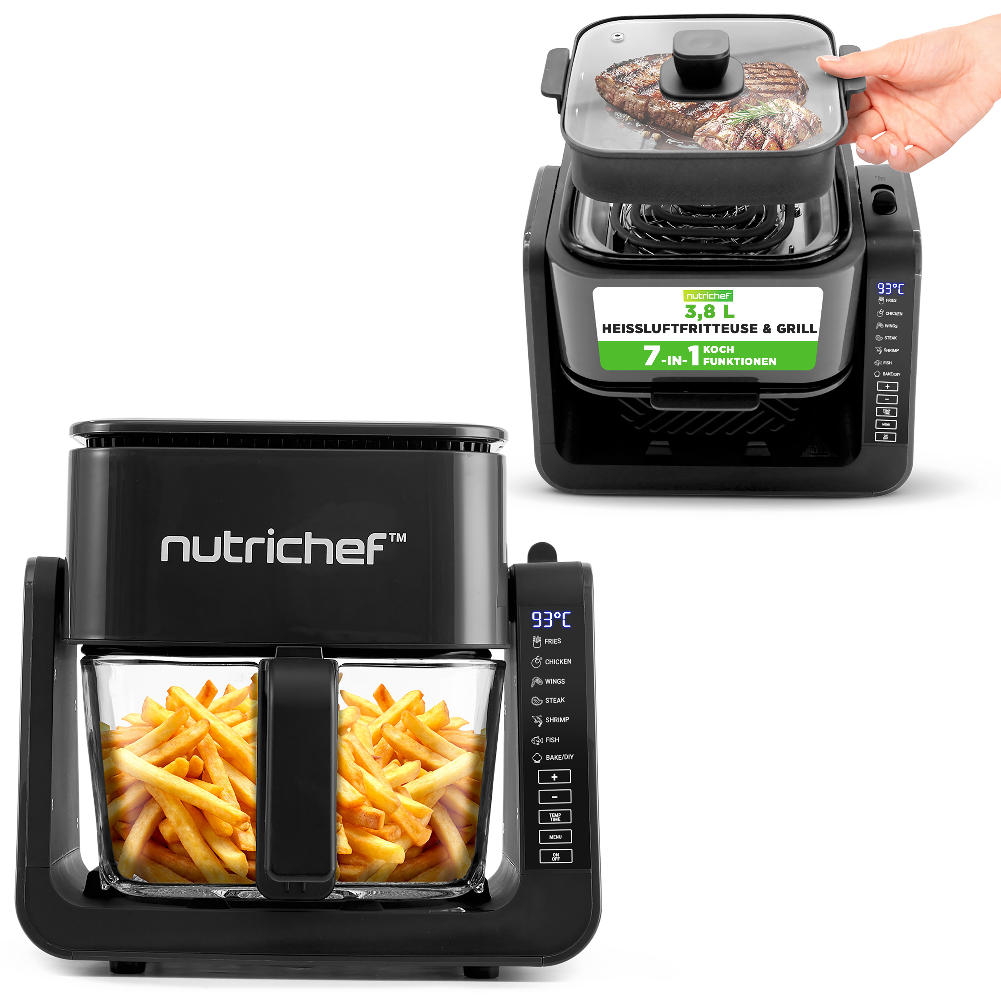 Una friggitrice ad aria nera con patatine fritte e un'altra con bistecca.