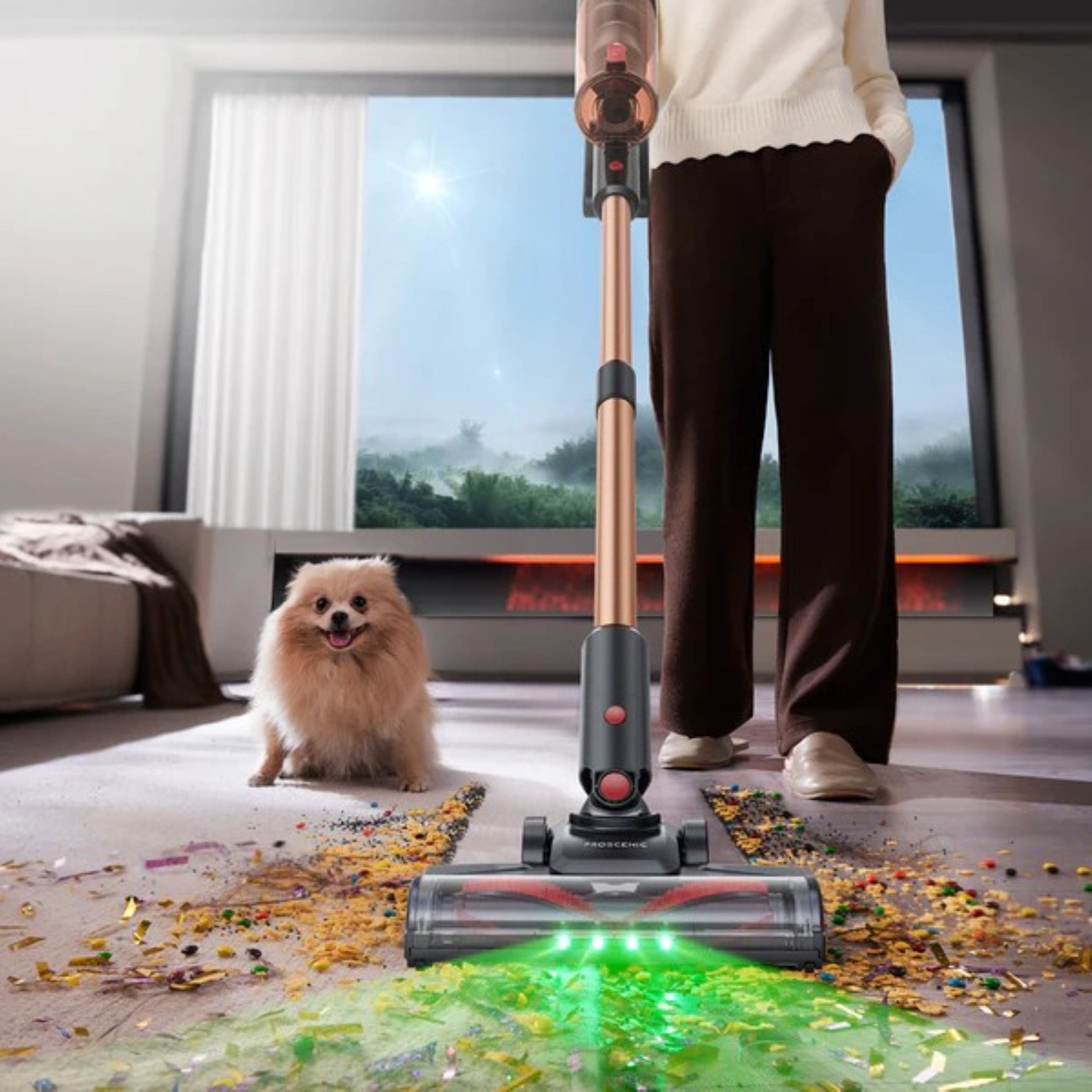 Ein Pomeranian sitzt neben einem Staubsauger, der Konfetti aufsaugt.