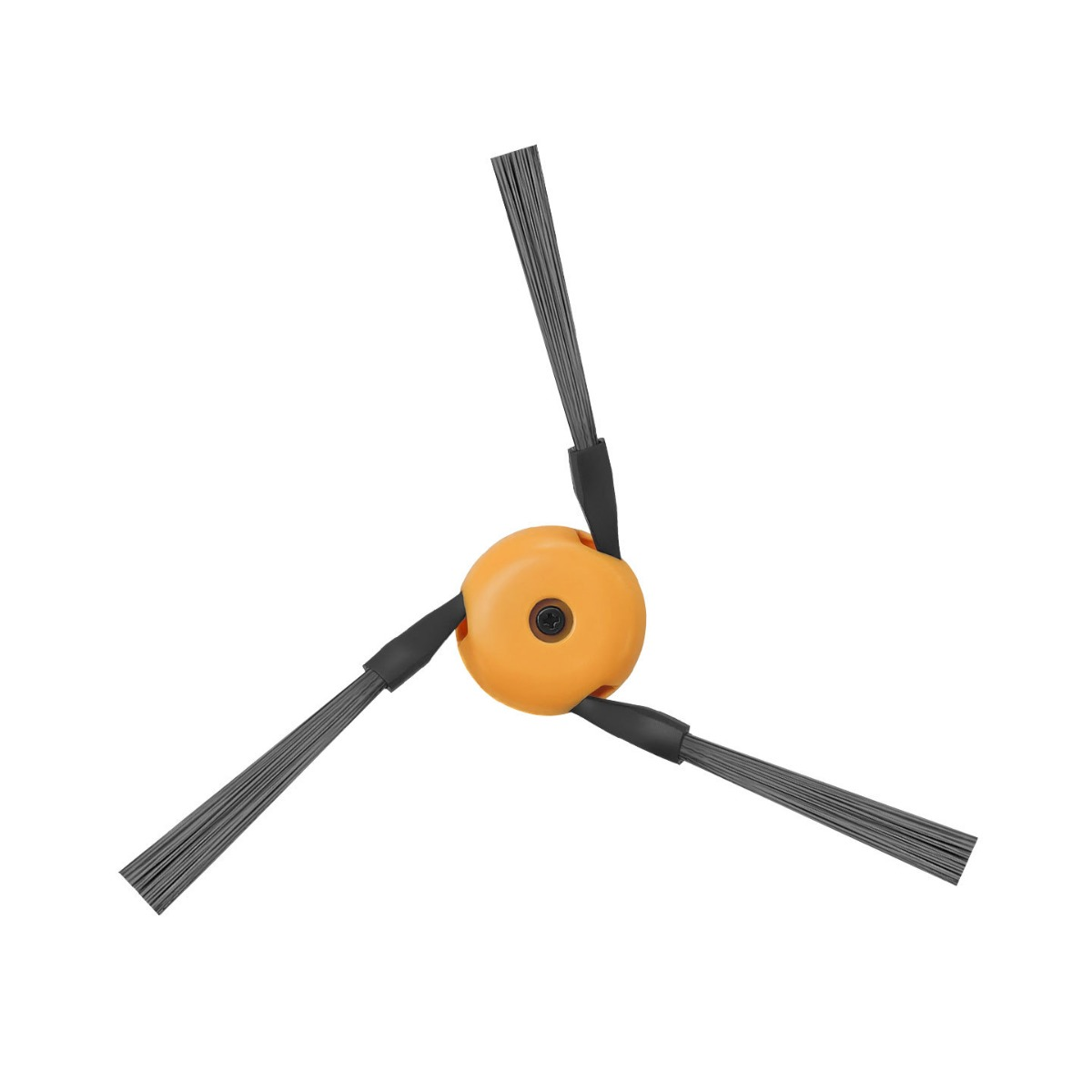 Ein orangefarbener rotierender Bürstenkopf mit drei grauen Borstenarme auf weißem Hintergrund.