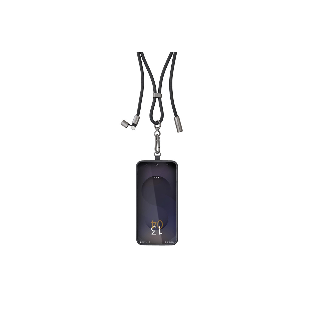 Ein schwarzes Lanyard mit silbernen Beschlägen hält ein Smartphone mit dunklem Bildschirm.