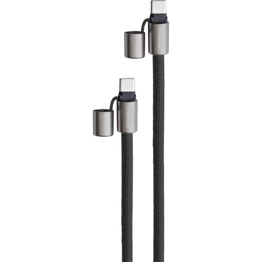 Zwei schwarze Kabel mit USB-C-Steckern und Schutzhüllen, die seitlich abstehen.