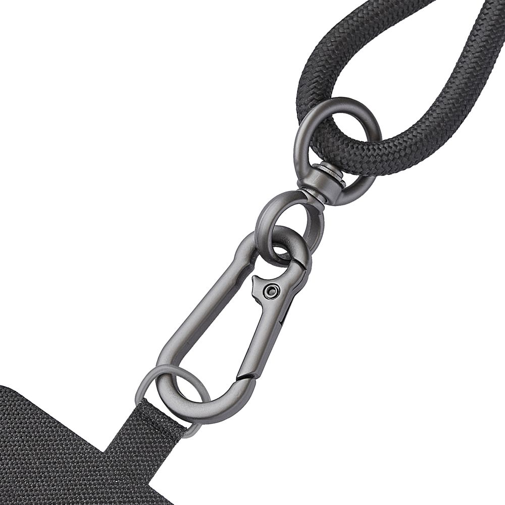 Schwarzes Seil mit Karabinerhaken und Drehgelenk, verbunden mit einem Stoffband.