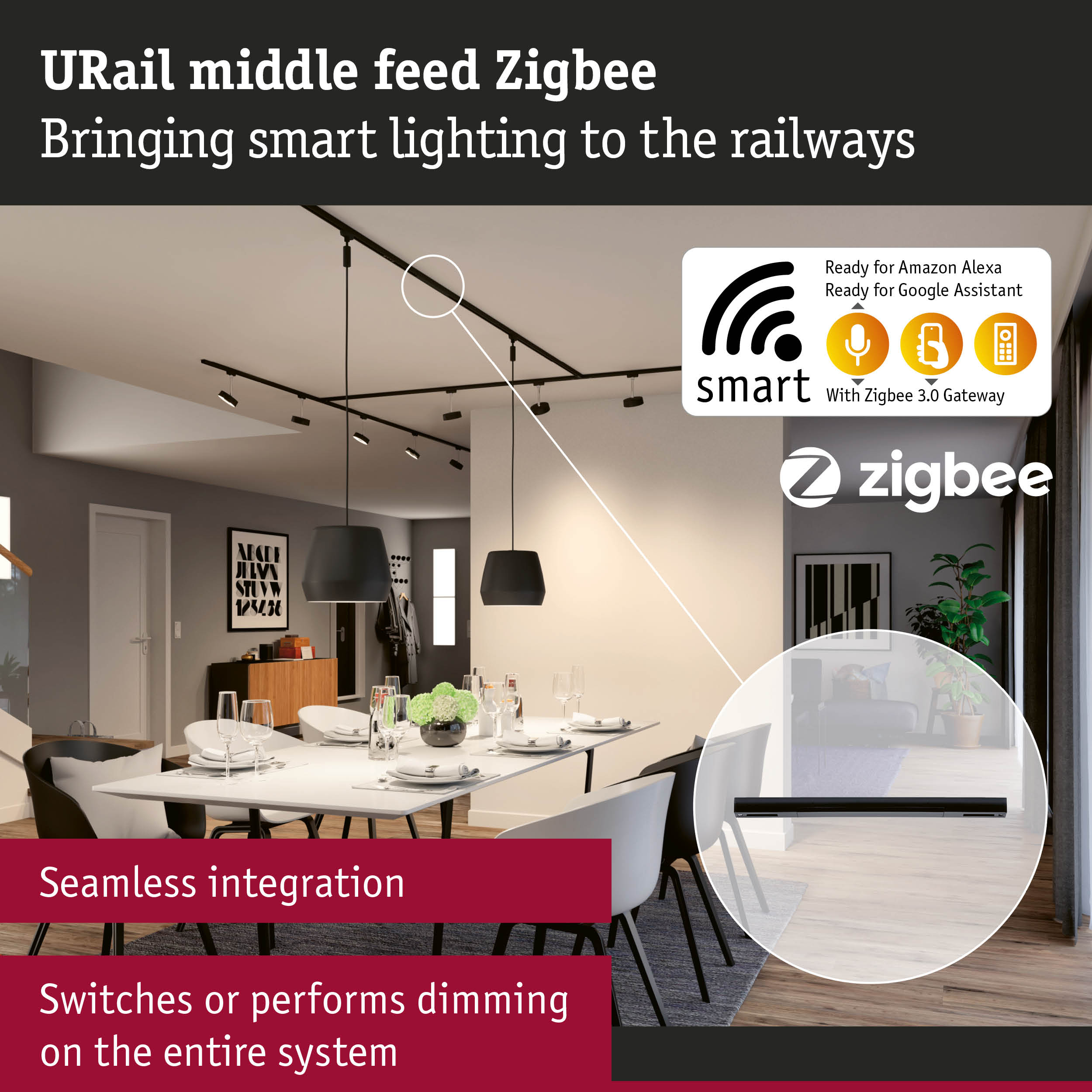 Ein Esszimmer mit einer Schiene mit Lichtern, das Smart-Home-Funktionen zeigt.
