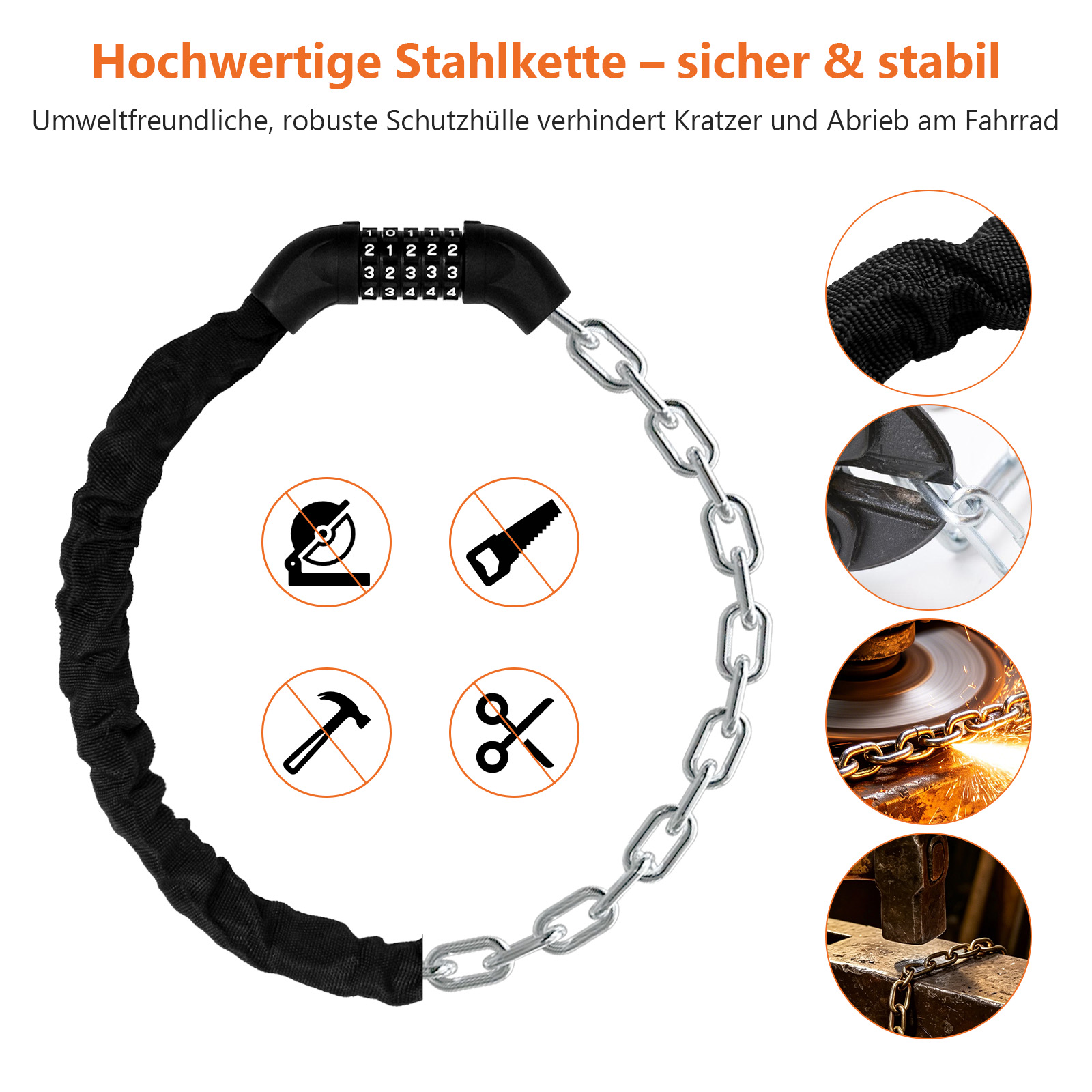 Schwarze Stahlkette mit Zahlenschloss und Icons: Trennscheibe, Säge, Hammer, Schere.