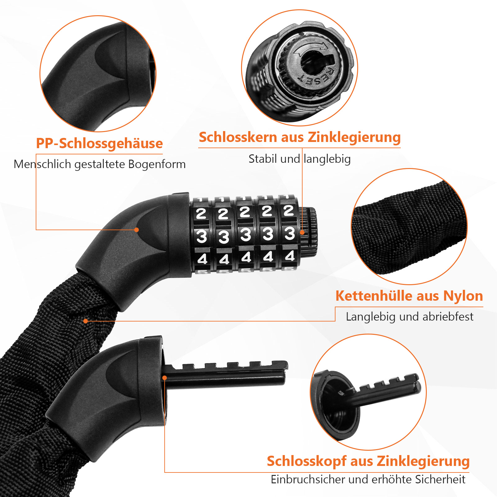 Ein schwarzes Kettenschloss mit Zahlenschloss und Details zu Material und Design.