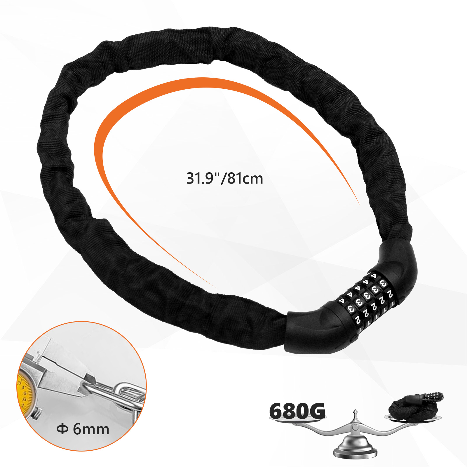 Schwarze Kettenschloss mit Zahlenkombination, 81cm lang, 6mm dick, 680g schwer.