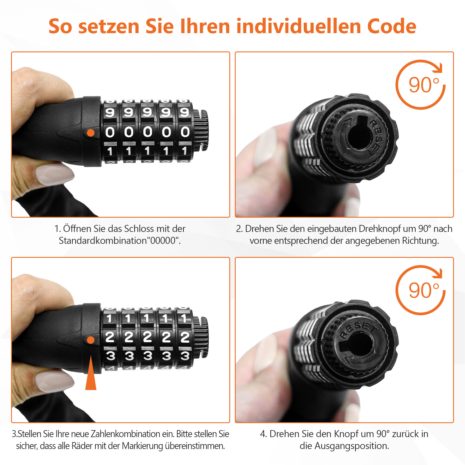 Anleitung zum Einstellen eines Zahlenschlosses: Ziffernblätter, Drehknopf, 90°-Drehung, Reset-Funktion.