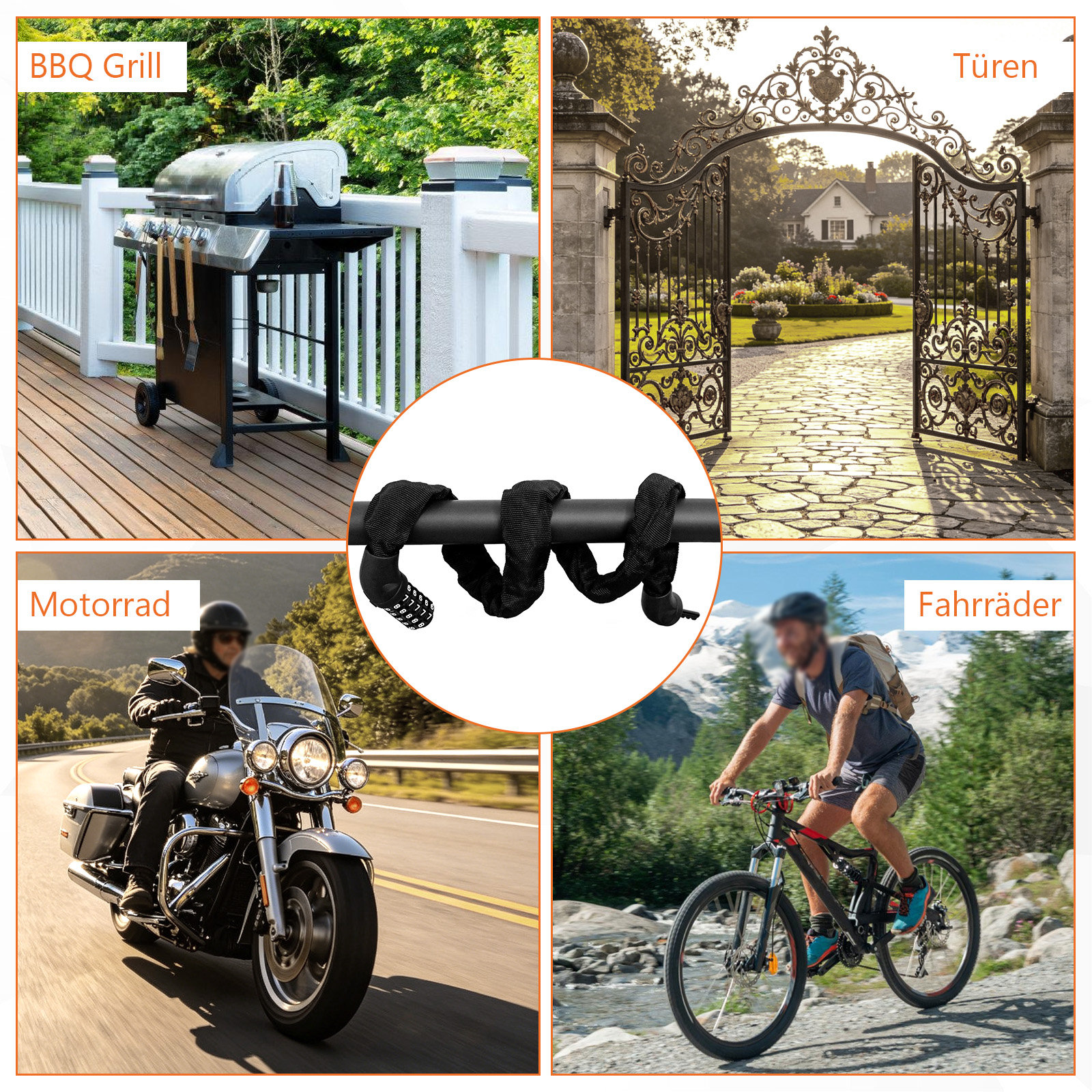 Grill, Tor, Kette, Motorrad und Fahrradfahrer in Berglandschaft.
