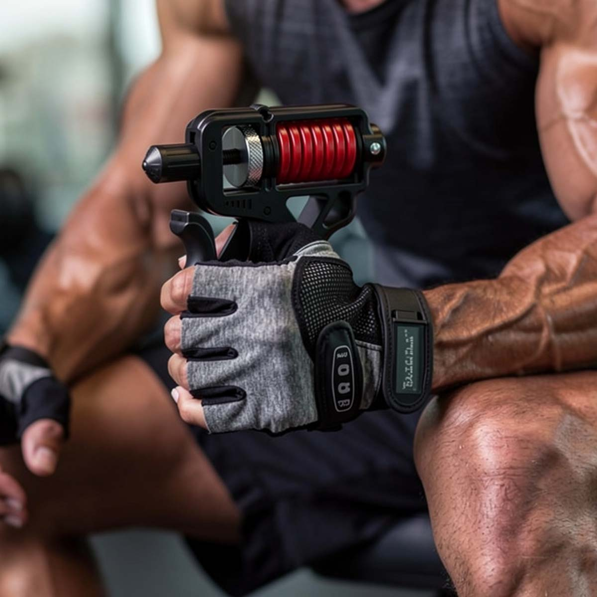 Ein Mann mit grauem Trainingshandschuh hält einen schwarzen Handtrainer mit roten Federn.