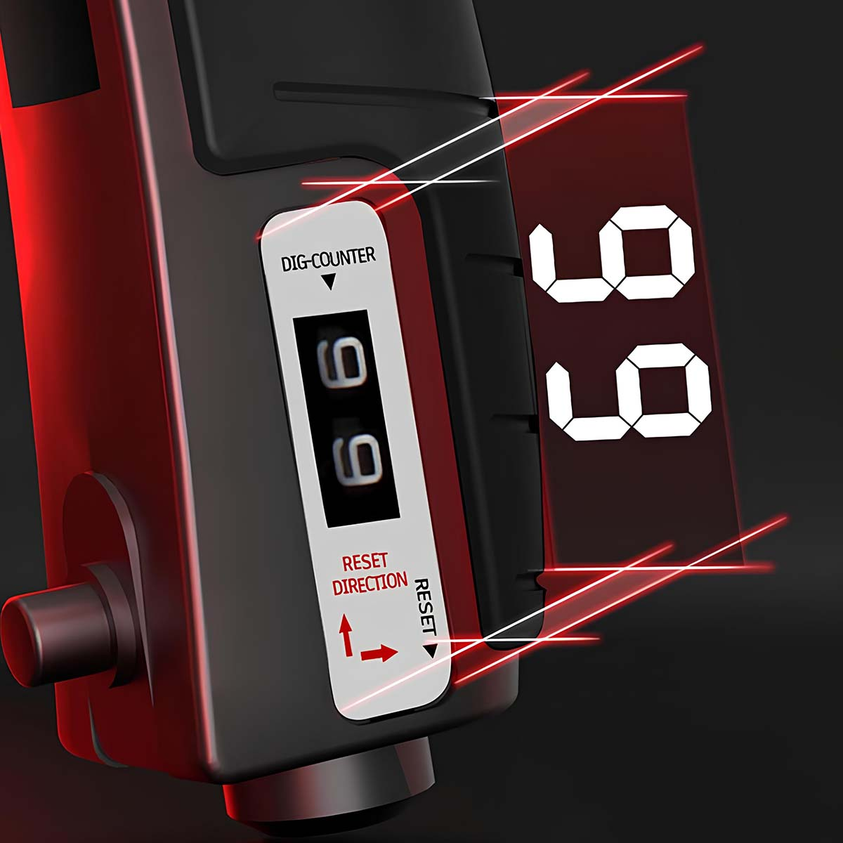 Digitaler Zähler mit roten Lichtlinien und den Ziffern 99