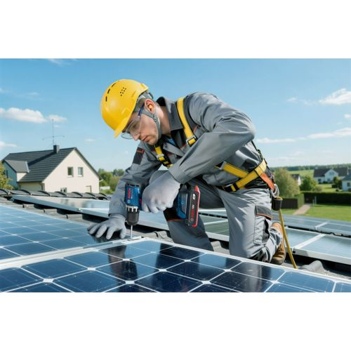 Mann in Schutzhelm installiert Solarmodule mit Bohrer auf einem Dach.