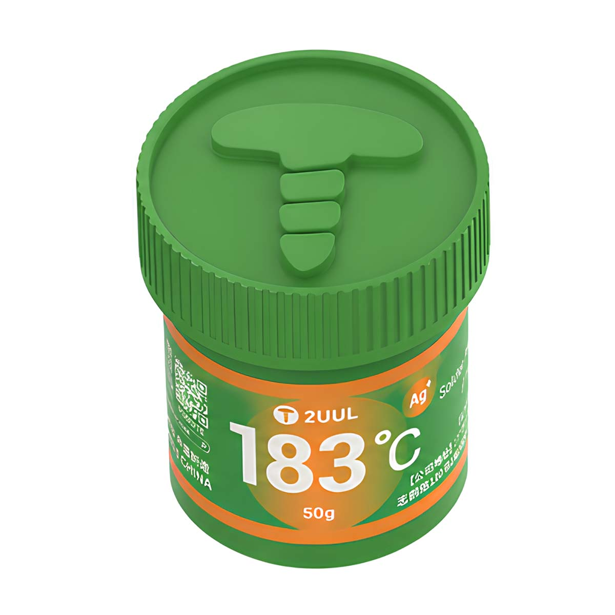 Grüner Behälter mit der Aufschrift 183°C, 50g, 2UUL, Ag Solder.