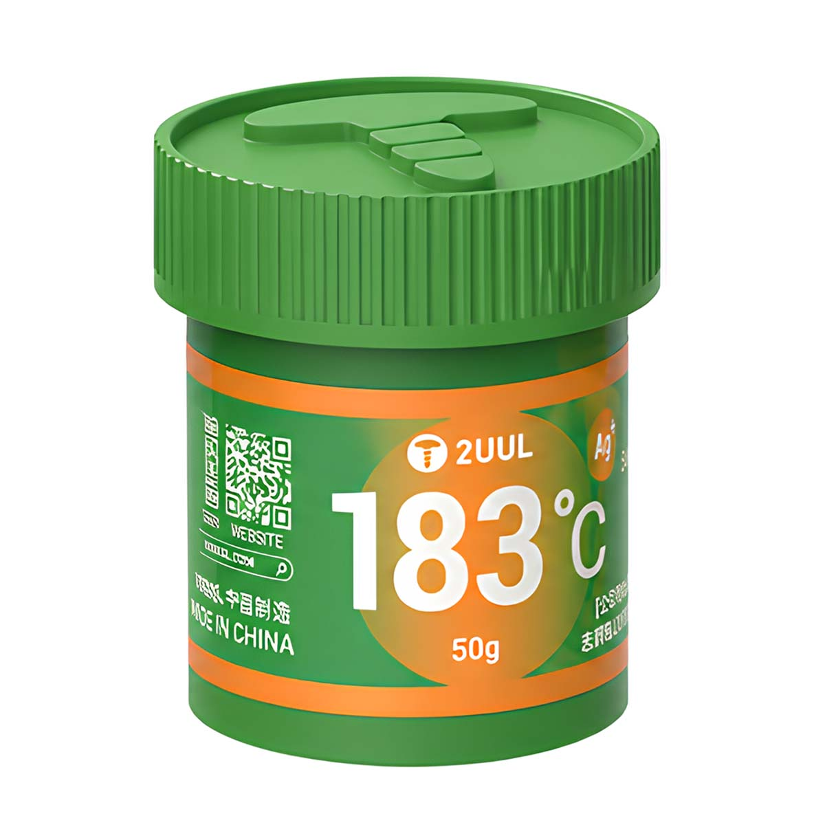 Grüner Behälter mit orangefarbenem Etikett, 183°C, 50g, 2UUL Marke.
