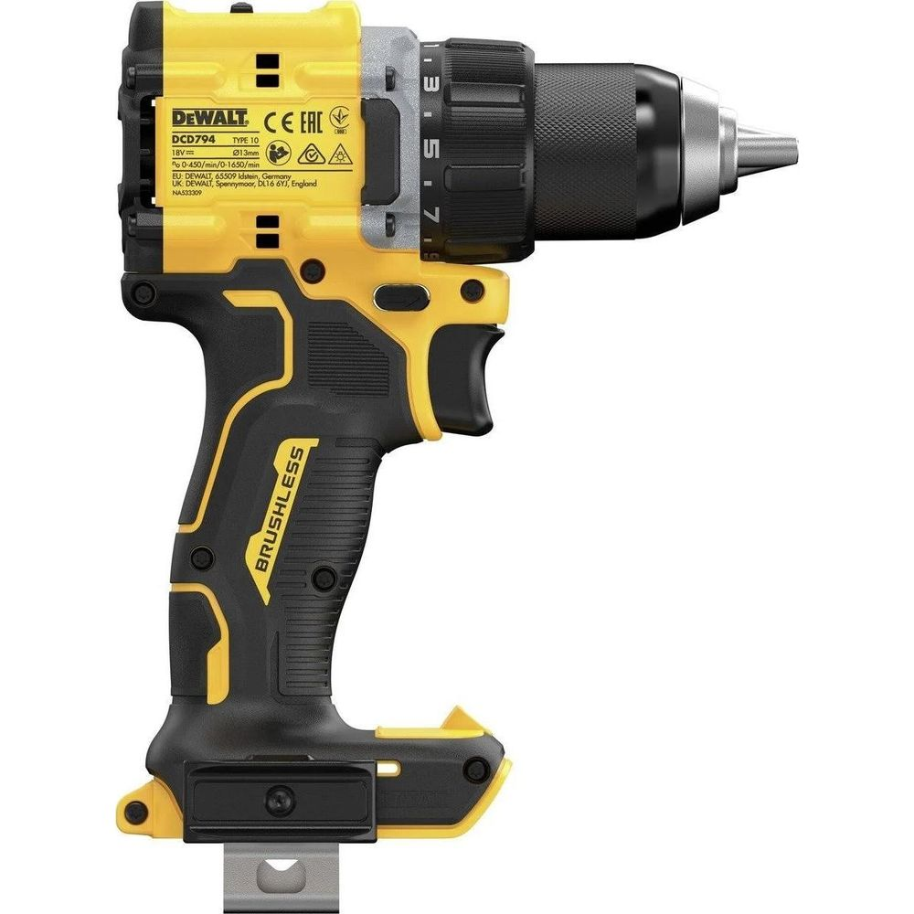 Ein gelber und schwarzer DeWalt Akku-Bohrschrauber mit Chuck und Griff.