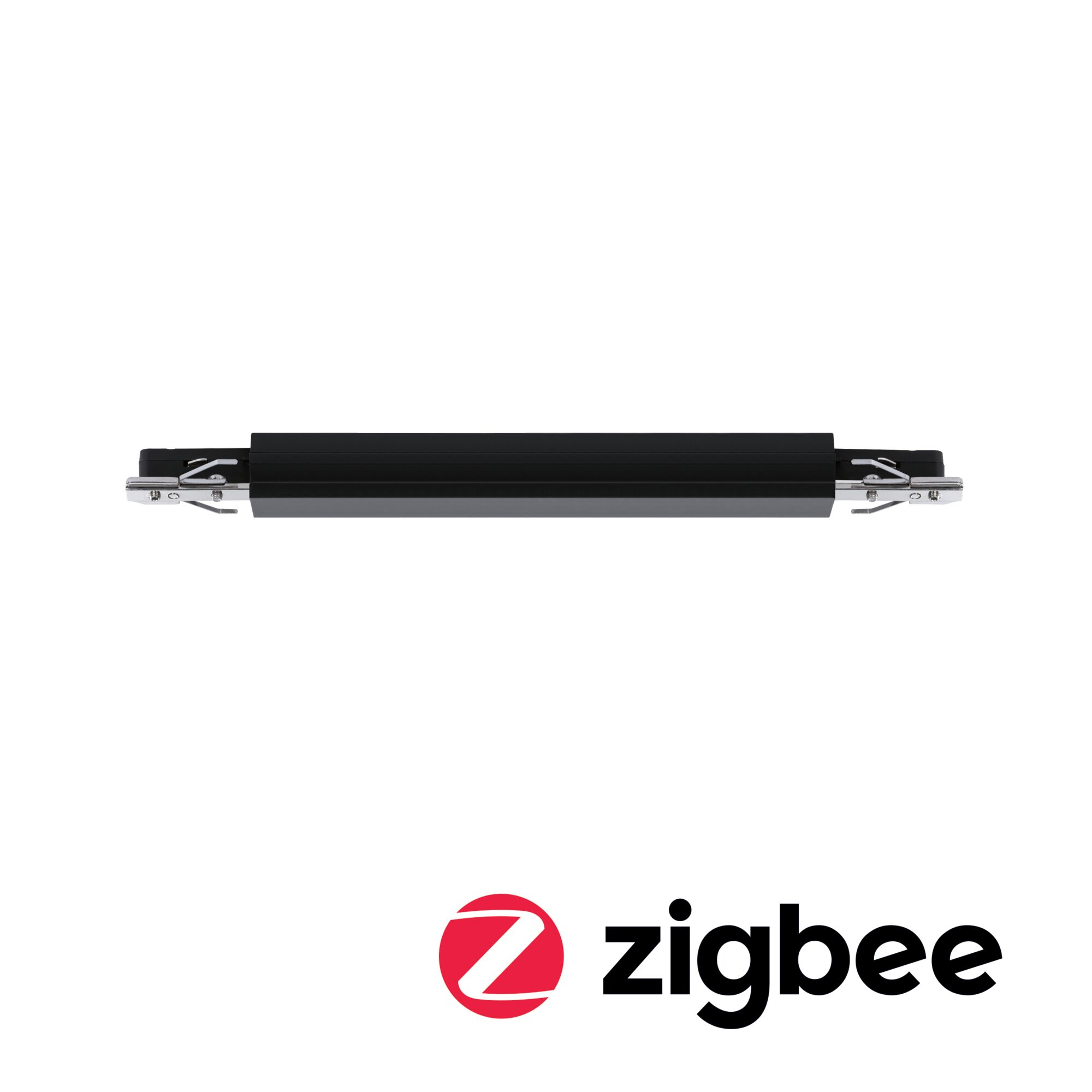 Ein schwarzer Verbinder für eine Stromschiene mit dem Zigbee-Logo darunter.