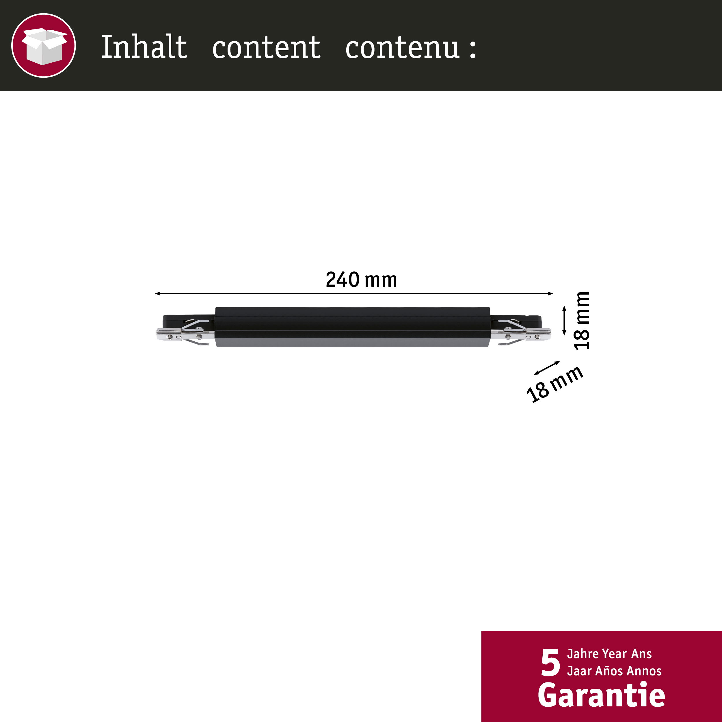 Ein schwarzes Objekt, 240 mm lang und 18 mm breit, mit Garantie-Aufschrift.
