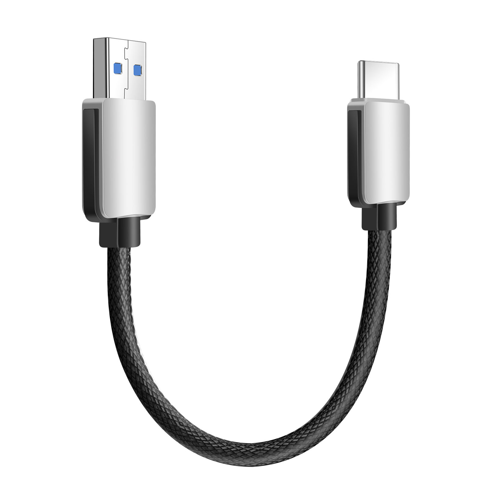 Ein schwarzes USB-C-zu-USB-A-Kabel mit silbernen Anschlüssen auf weißem Hintergrund.