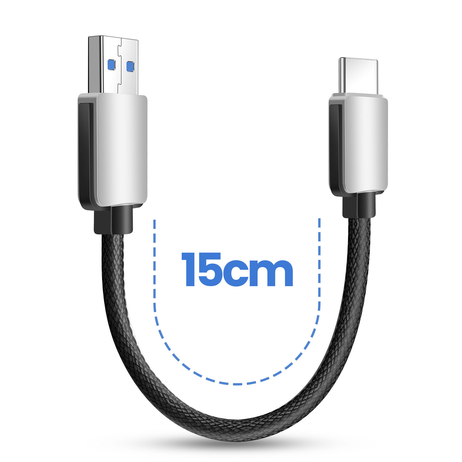 Ein schwarzes USB-Kabel mit silbernen Anschlüssen (USB-A auf USB-C), 15 cm lang.