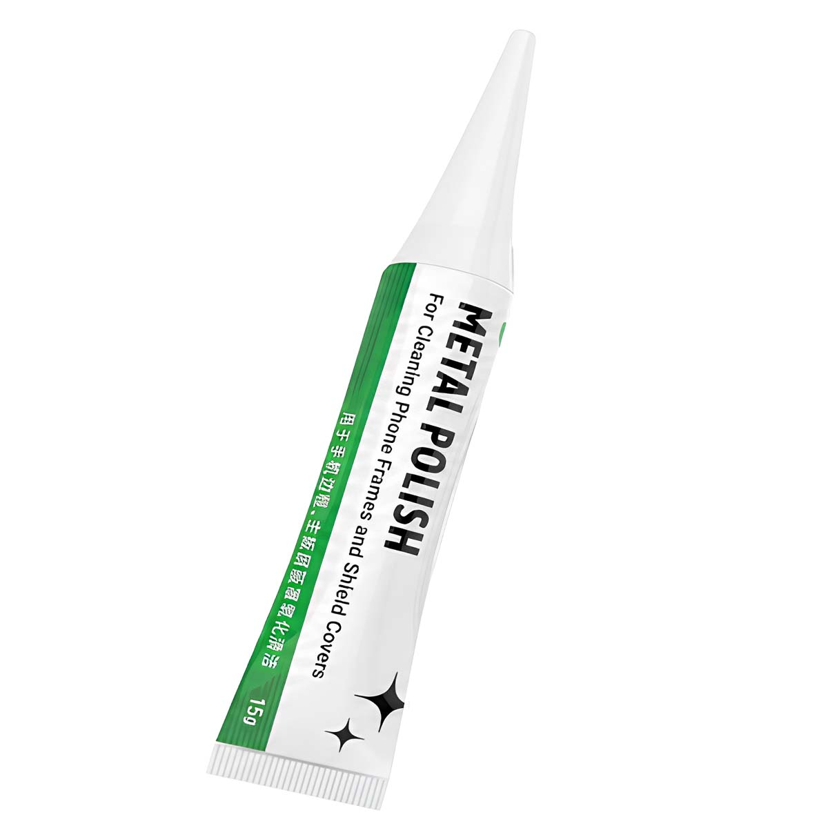 Un tubetto bianco di METAL POLISH per cornici di telefono, con testo verde e 15g.