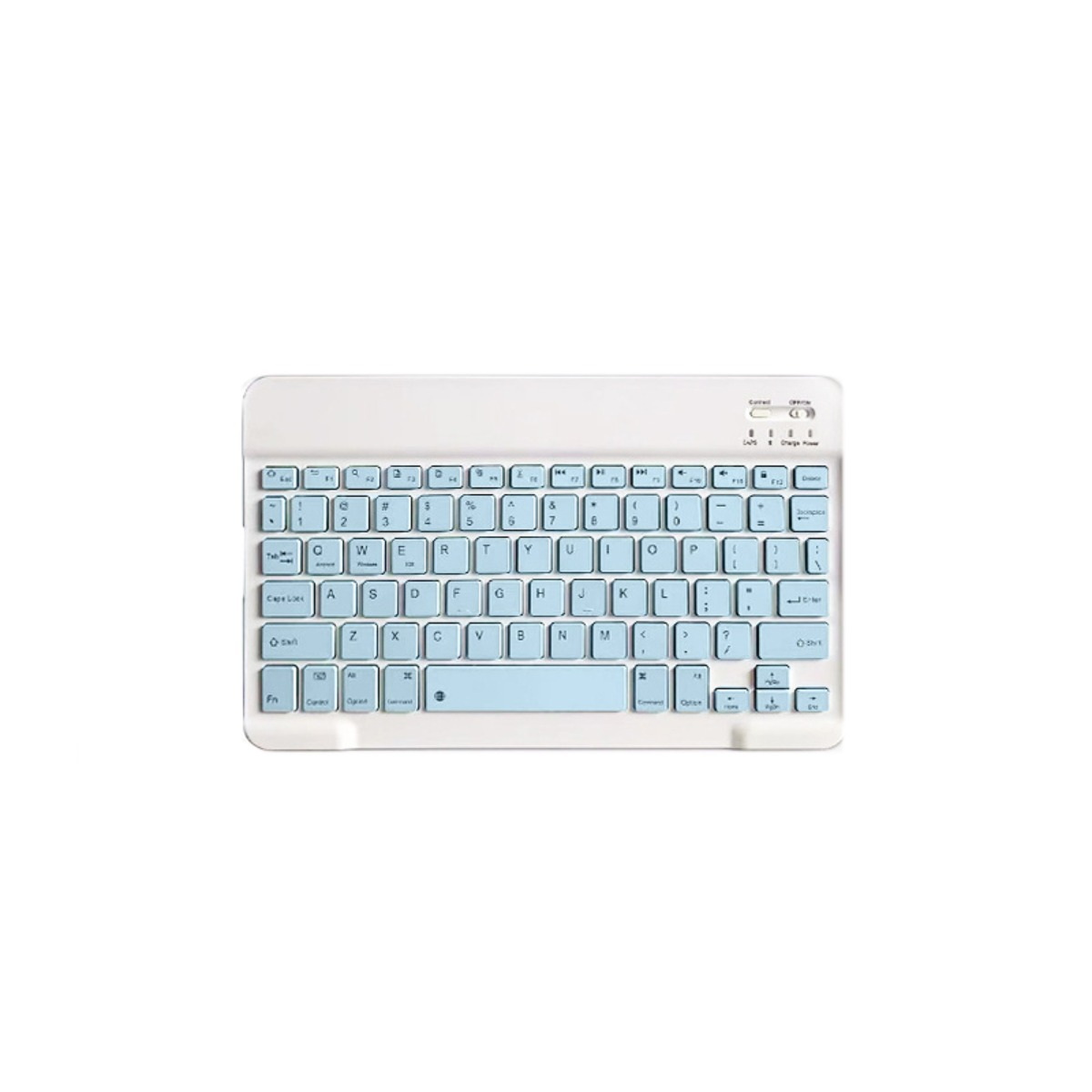 Ein hellgraues, kompaktes Keyboard mit hellblauen Tasten. Oben sind Ladeanzeigen.