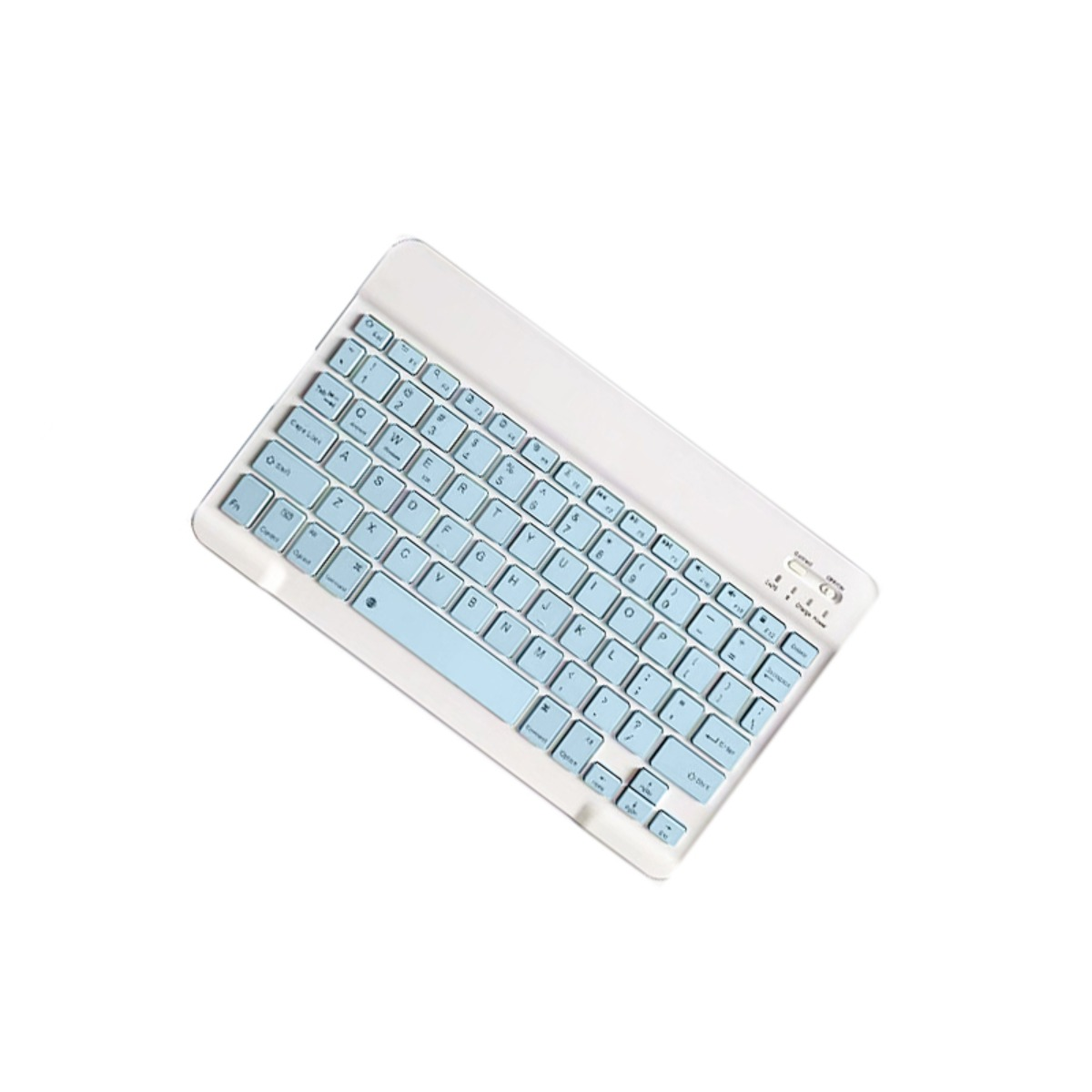 Eine weiße und hellblaue kabellose Tastatur ist aus der Vogelperspektive zu sehen.