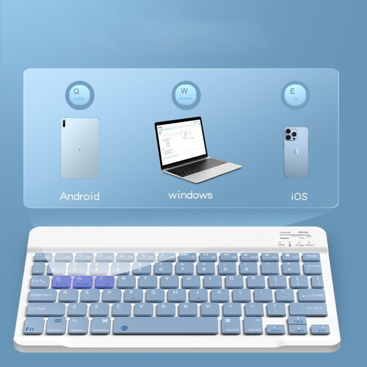Eine Tastatur und Geräte: Tablet, Laptop, iPhone.