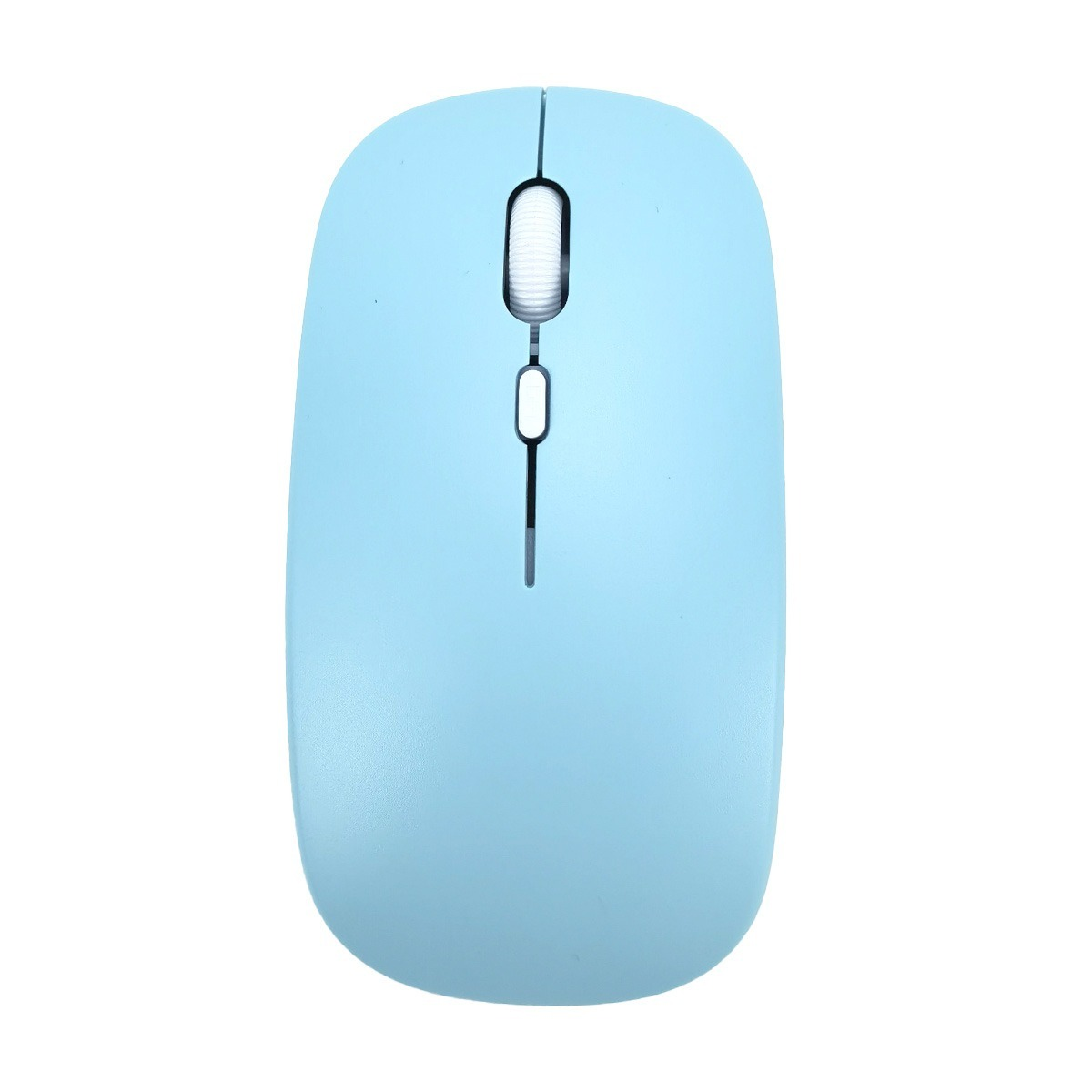 Ein hellblauer Computermaus mit einem Scrollrad und einer Taste.