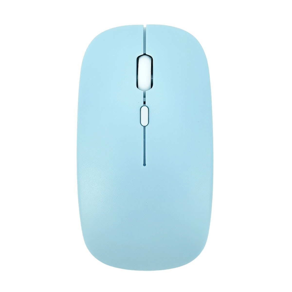 Ein hellblauer Computermaus mit zwei Tasten und einem Scrollrad.