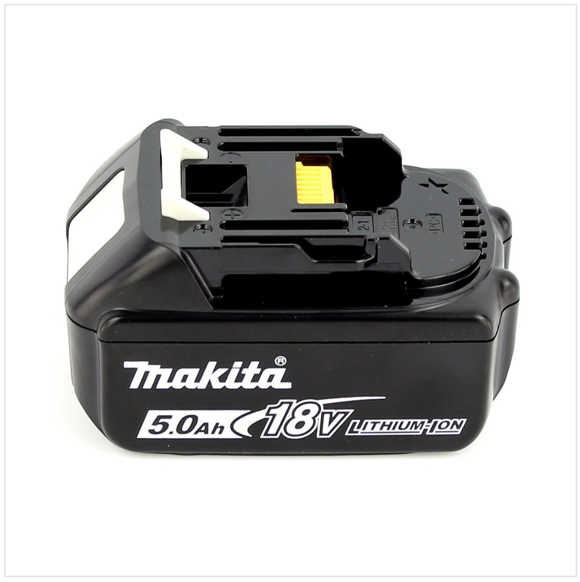 Schwarzer Makita 18V Lithium-Ionen-Akku mit 5,0 Ah, weiße Markierungen.