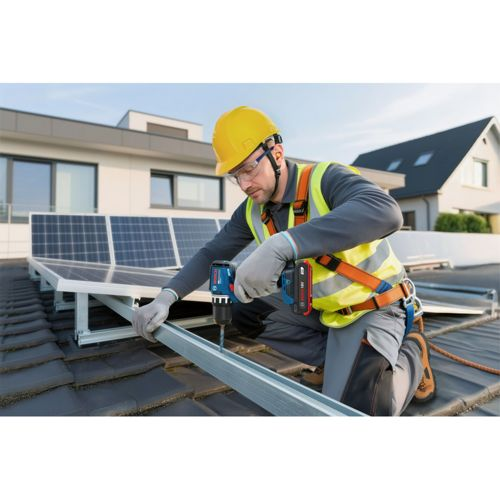 Mann mit Schutzhelm bohrt auf einem Dach neben Solarpanels.