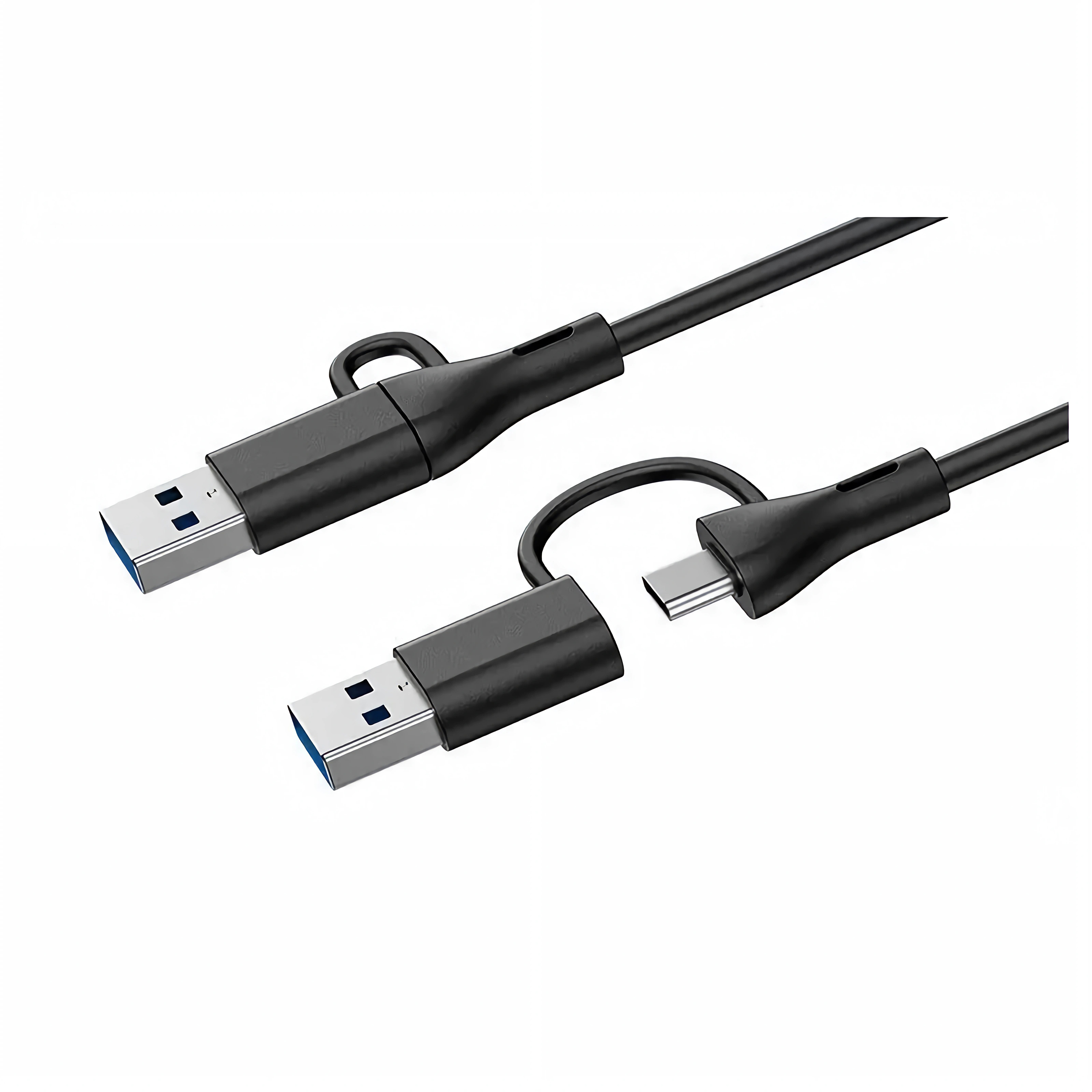 Ein schwarzes USB-Kabel mit zwei USB-A-Steckern und einem USB-C-Stecker.