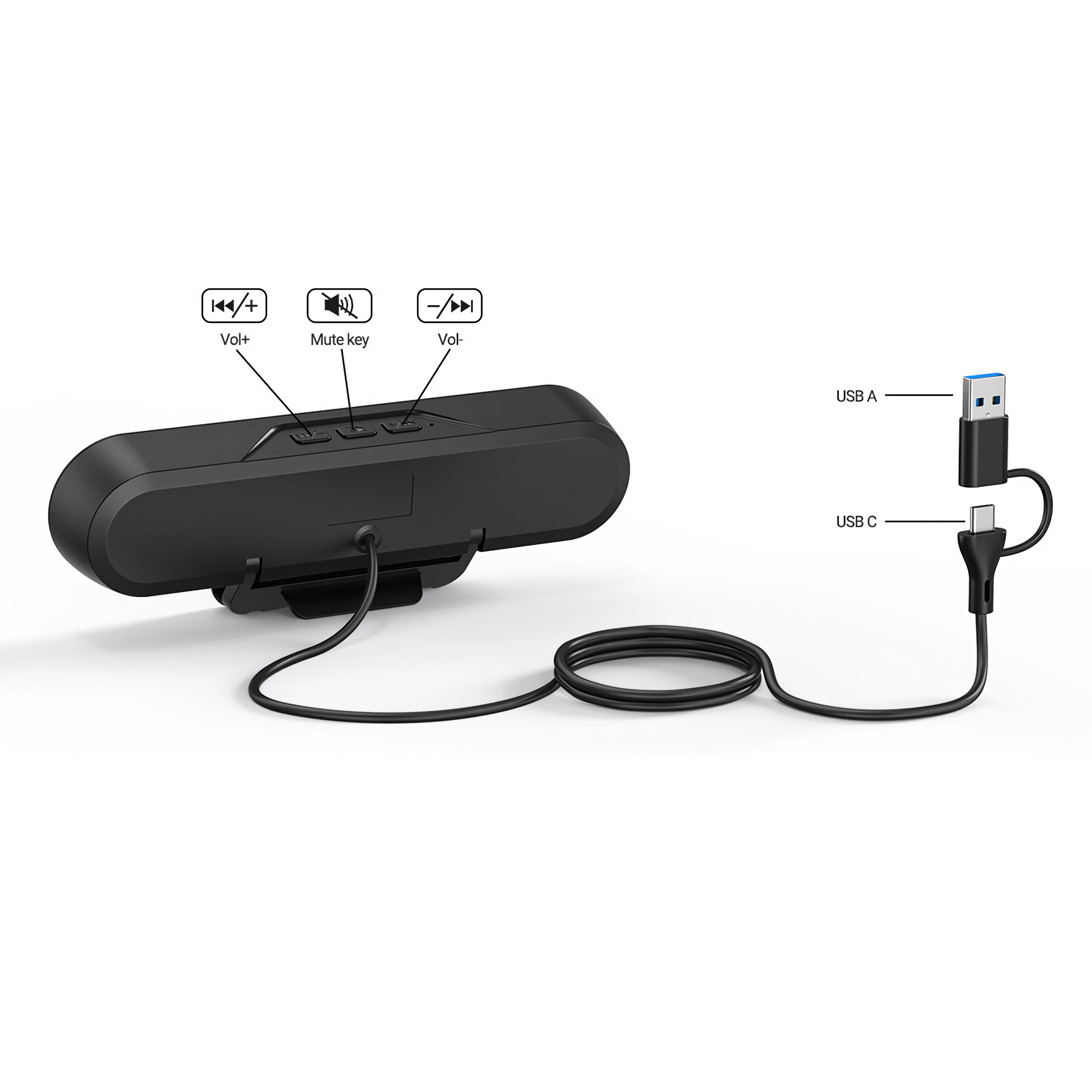 Schwarzer Bluetooth-Lautsprecher mit Lautstärketasten und USB-A/C-Kabeln.