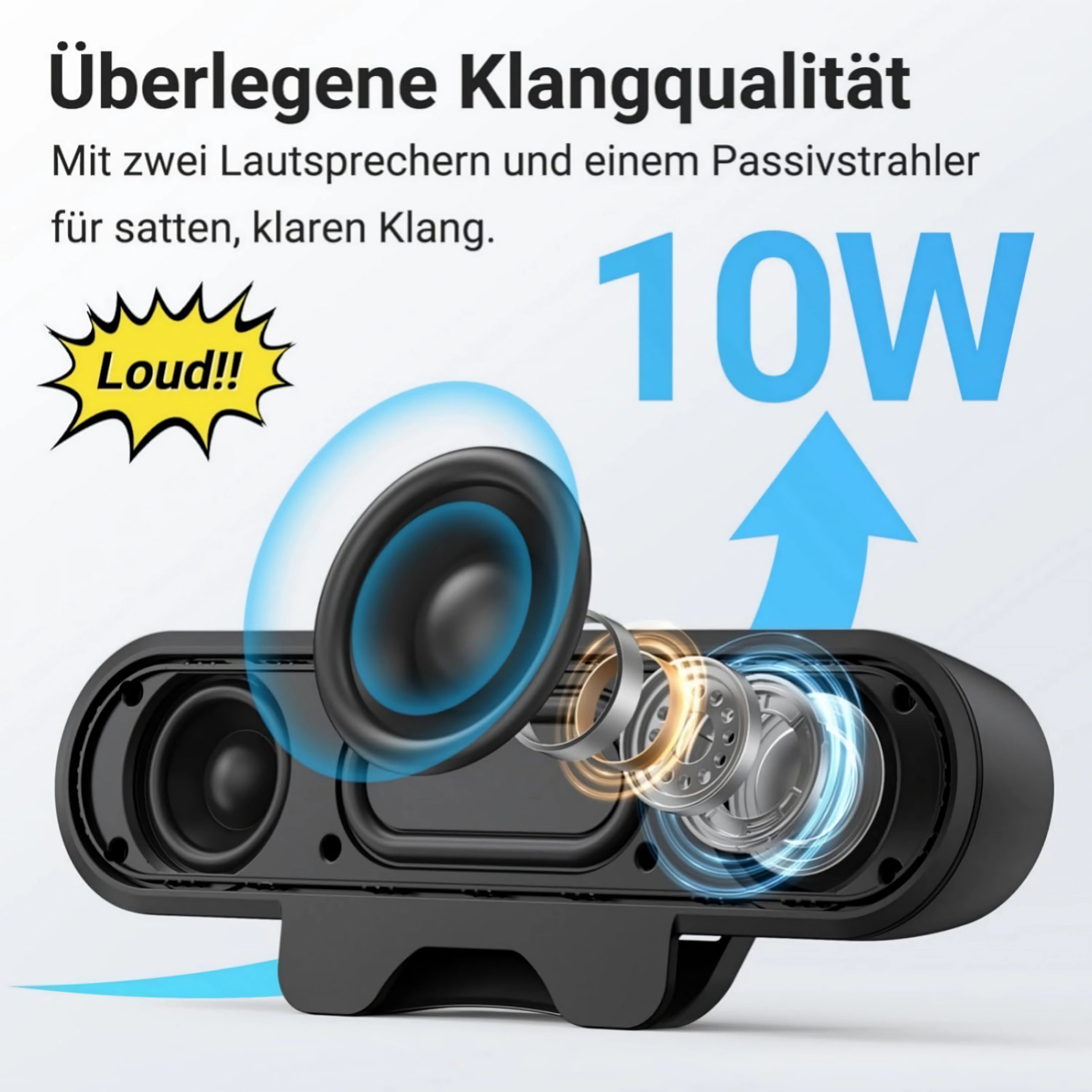 Schwarzer Lautsprecher mit 10W Leistung, zwei Lautsprechern und einem Passivstrahler.
