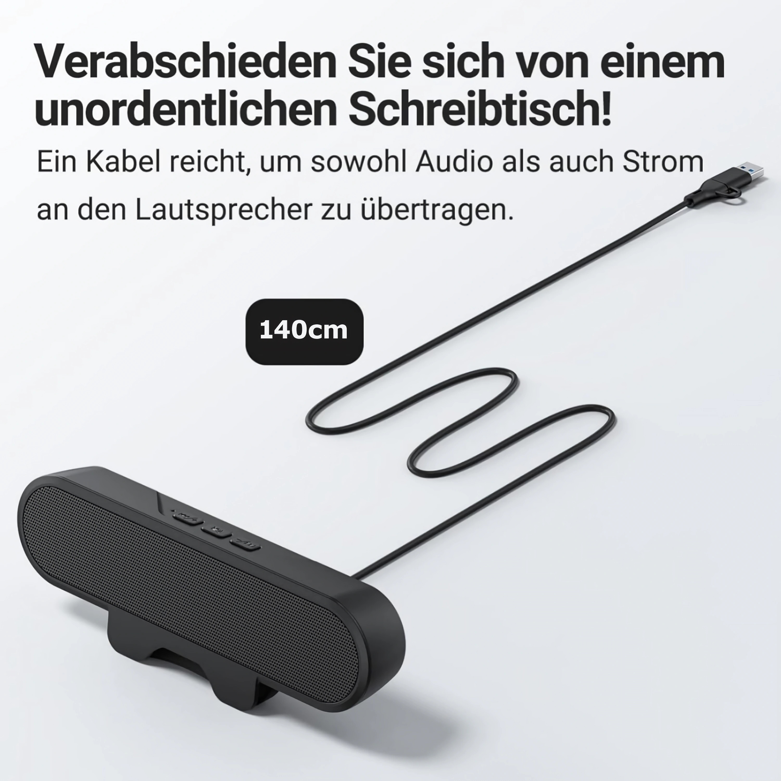 Ein schwarzer Lautsprecher mit einem 140cm Kabel.