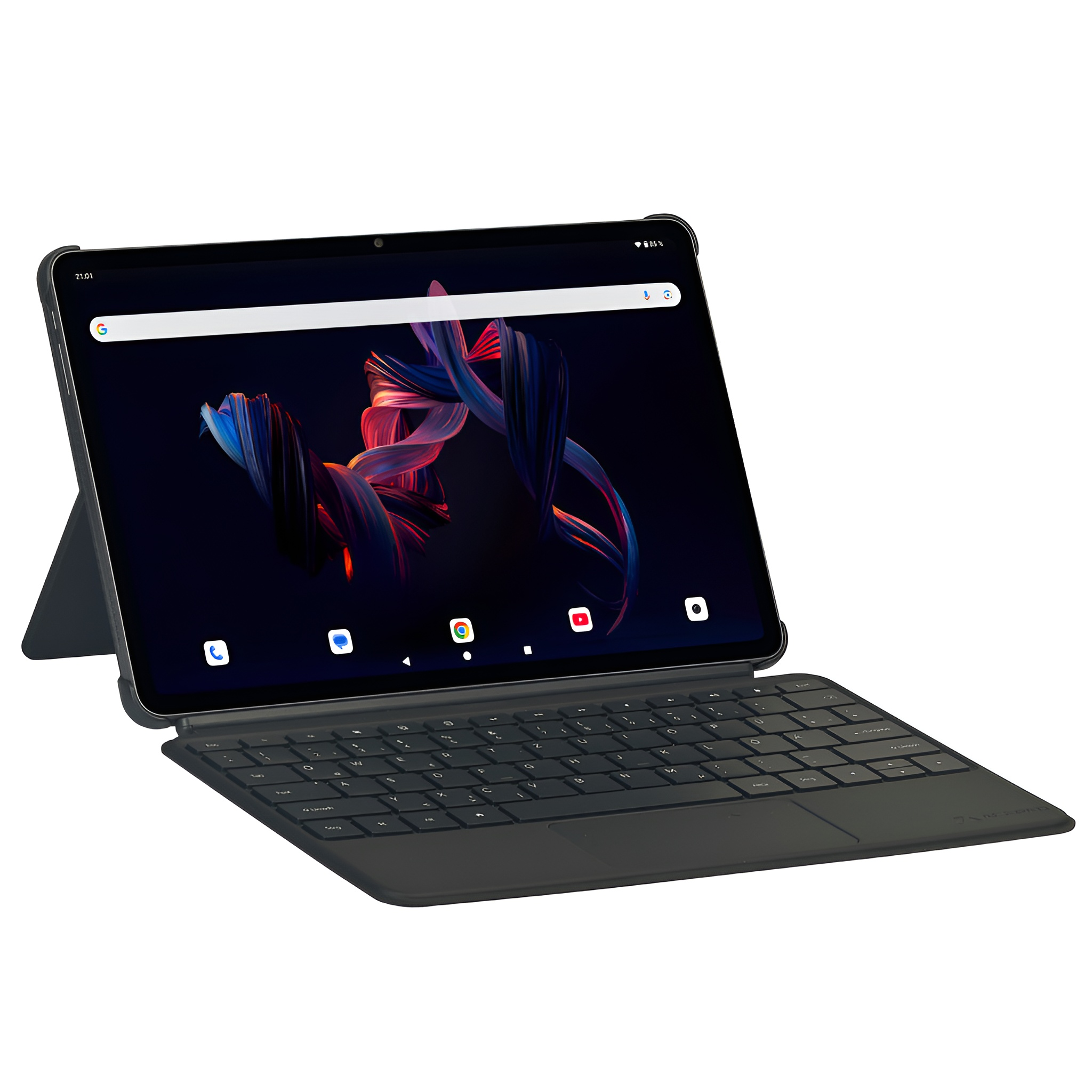 Ein schwarzes Tablet mit Tastatur und einem dunklen Hintergrund mit abstrakten Mustern.