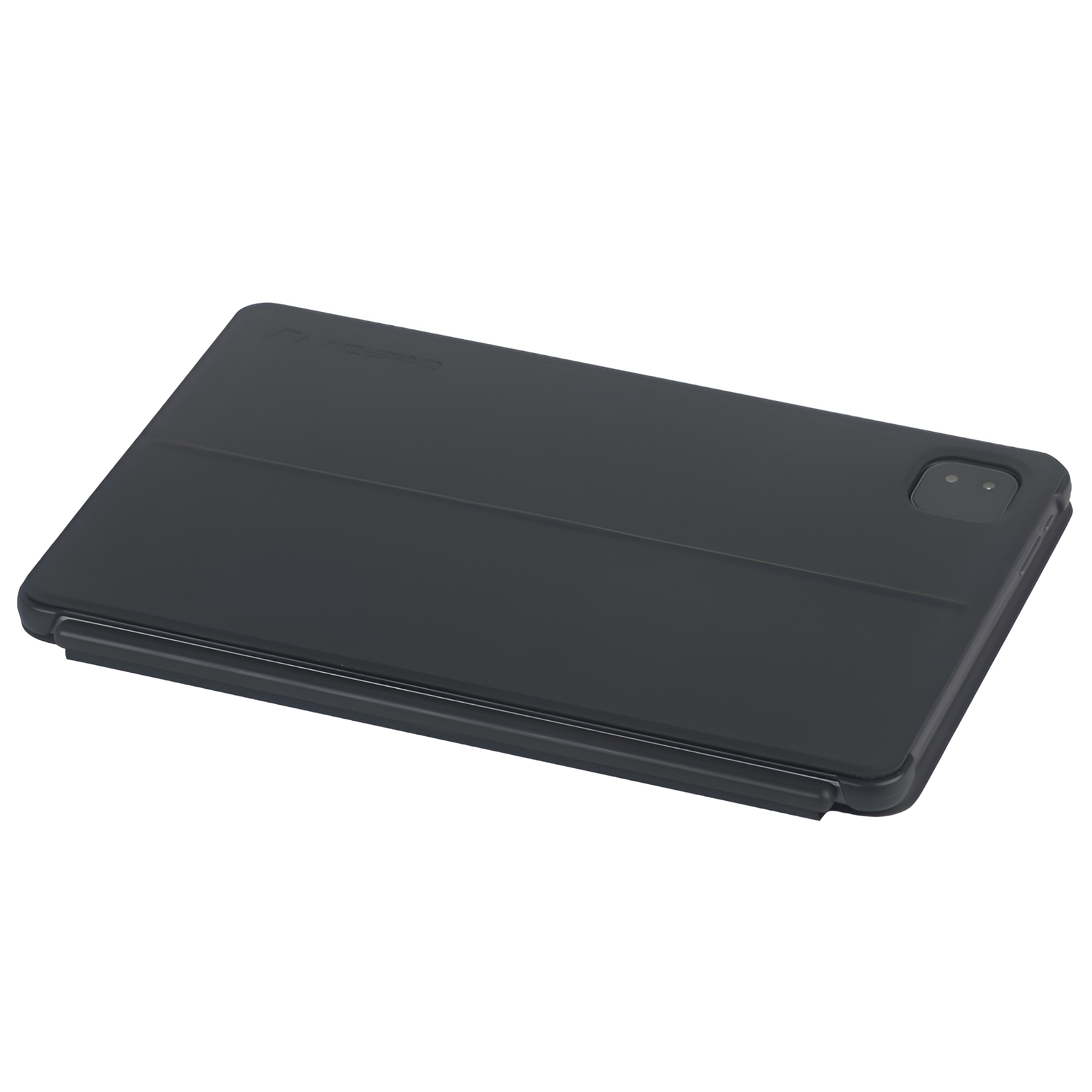 Schwarze Tablet-Hülle mit drei horizontalen Linien und Kameraöffnung.