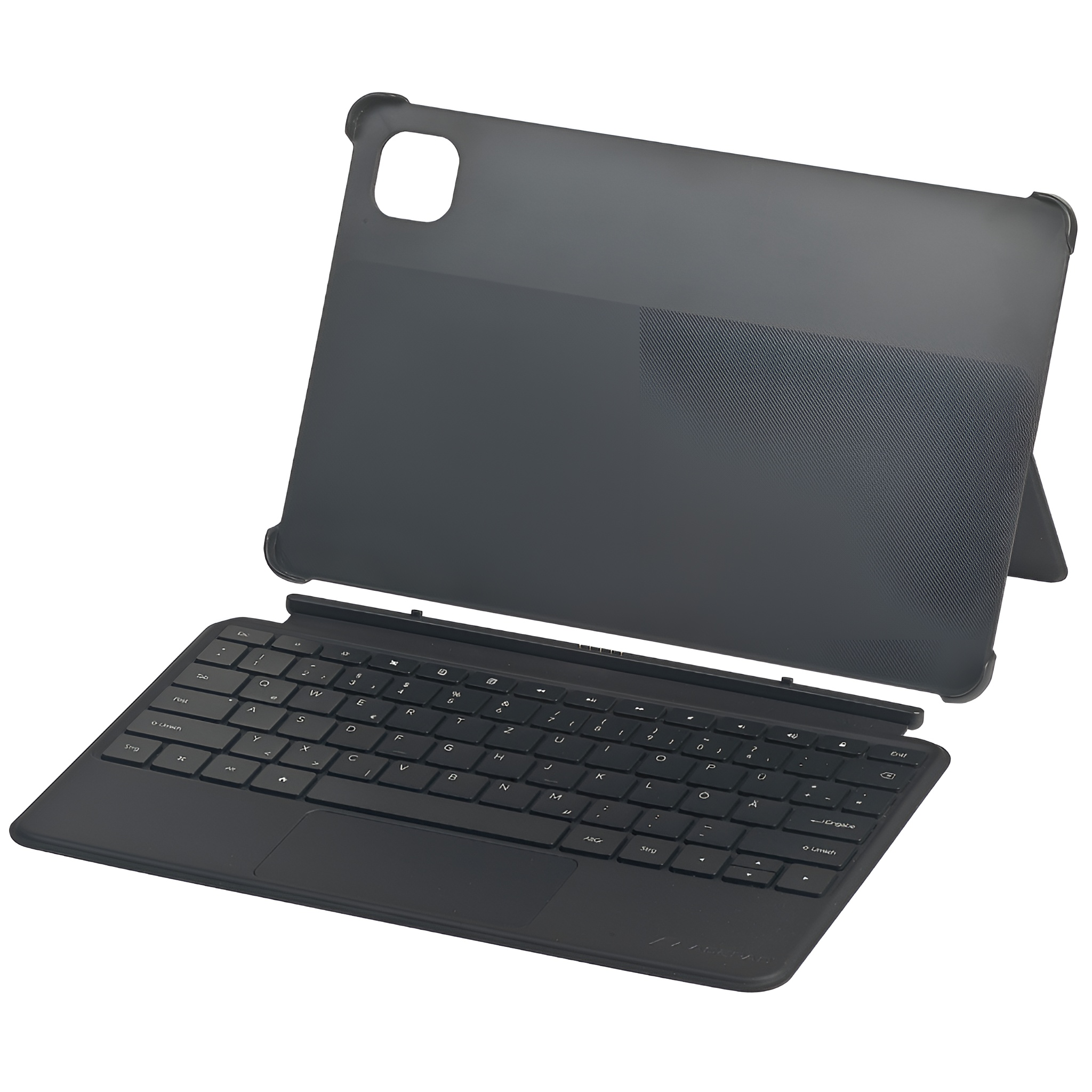 Ein schwarzes Tablet mit abnehmbarer Tastatur und Schutzhülle.